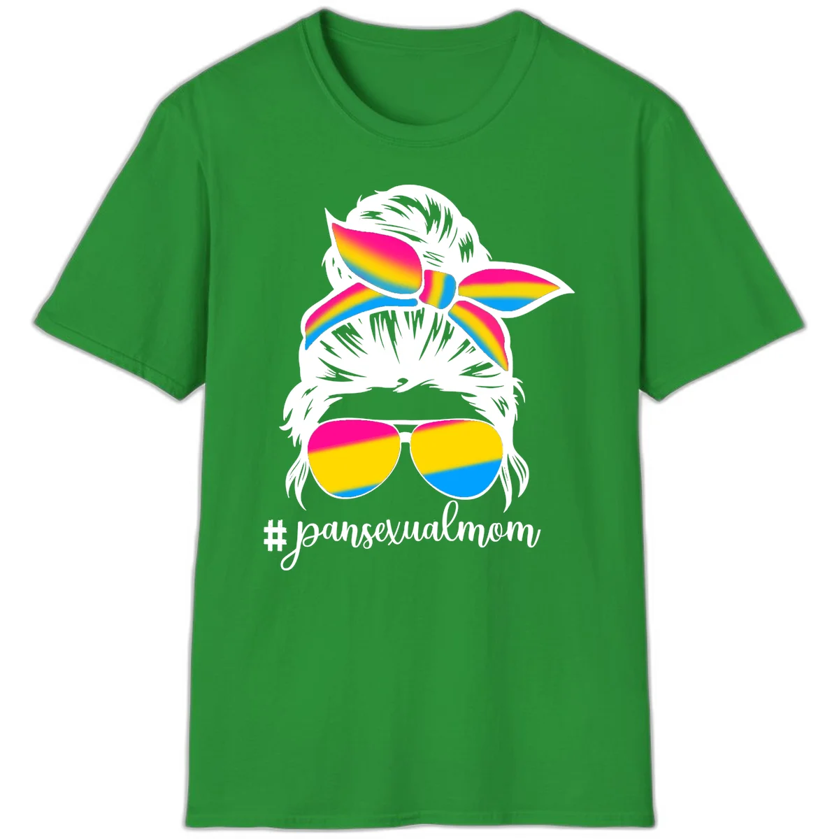 Illustrated pansexual mom pride design featuring a bearded figure with white hair wearing rainbow sunglasses and bow with #pansexualmom hashtag in Irish Green