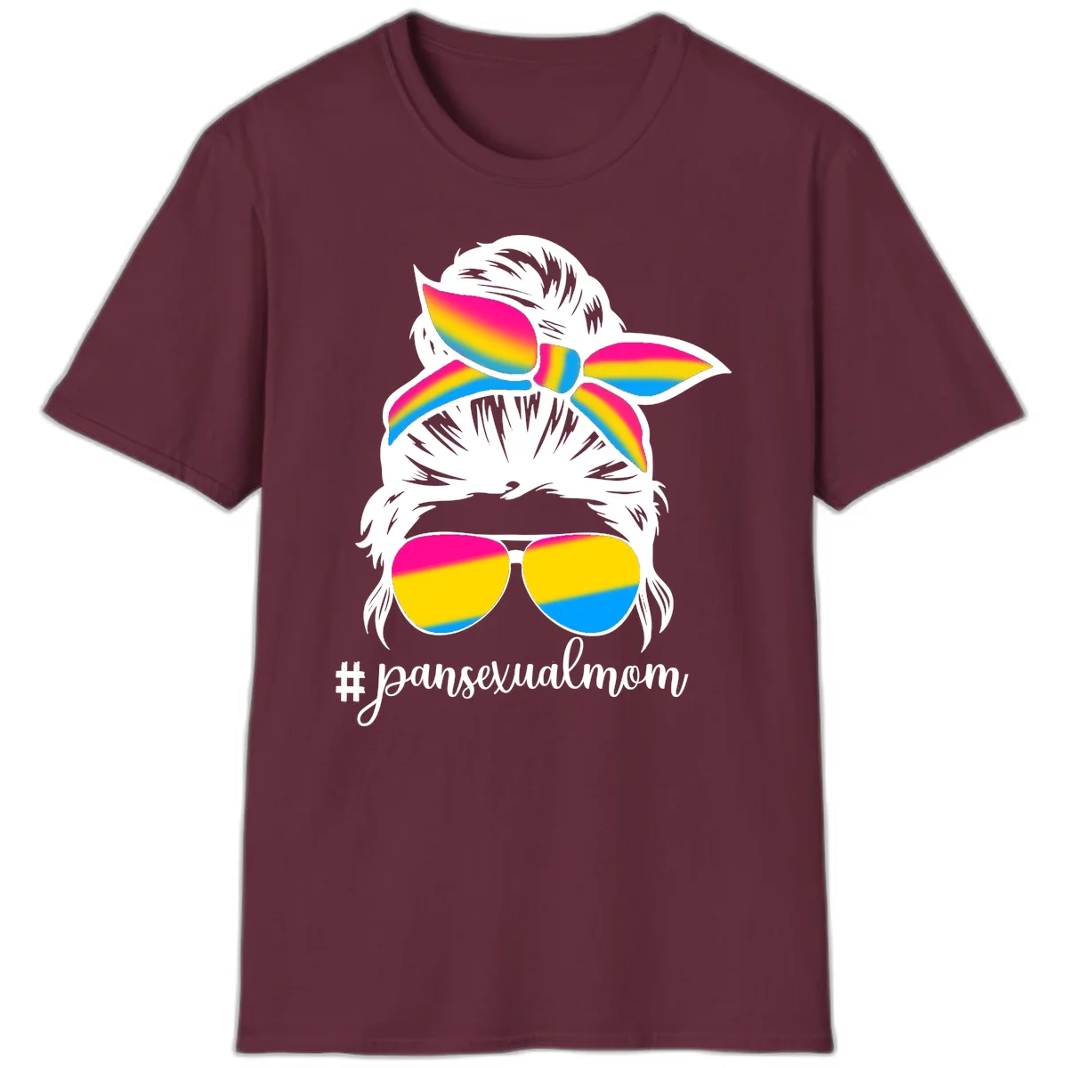 Illustrated pansexual mom pride design featuring a bearded figure with white hair wearing rainbow sunglasses and bow with #pansexualmom hashtag in Maroon