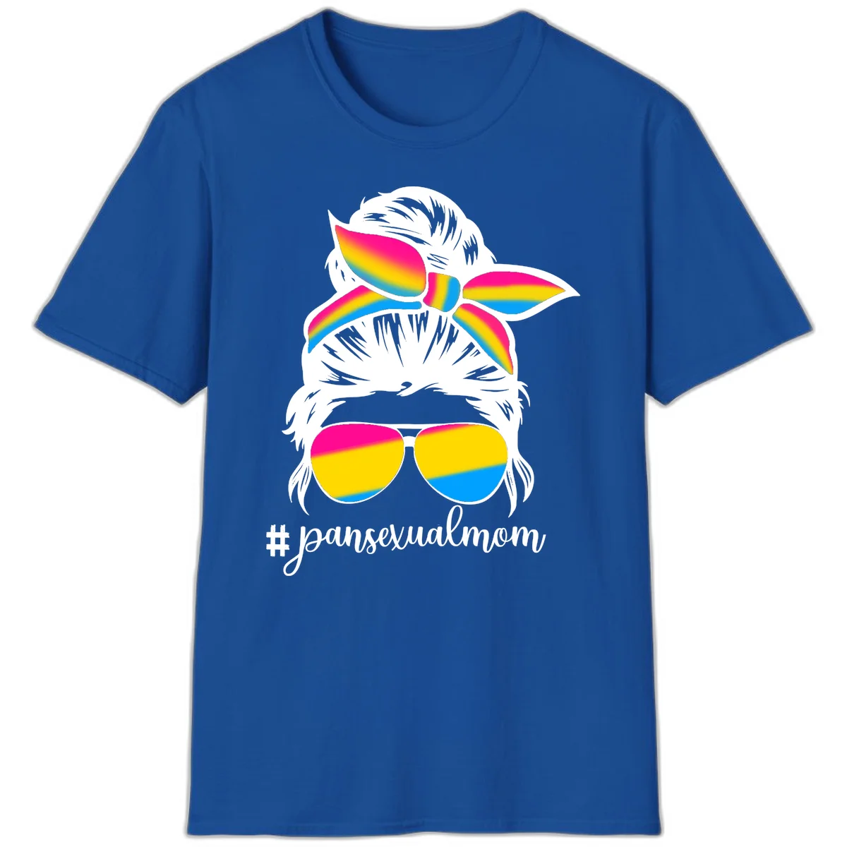Illustrated pansexual mom pride design featuring a bearded figure with white hair wearing rainbow sunglasses and bow with #pansexualmom hashtag in Royal