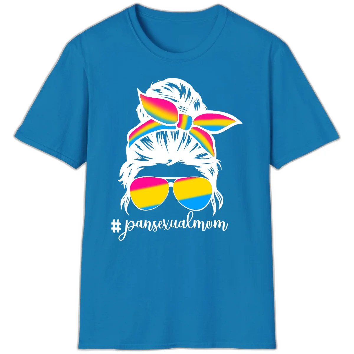 Illustrated pansexual mom pride design featuring a bearded figure with white hair wearing rainbow sunglasses and bow with #pansexualmom hashtag in Sapphire