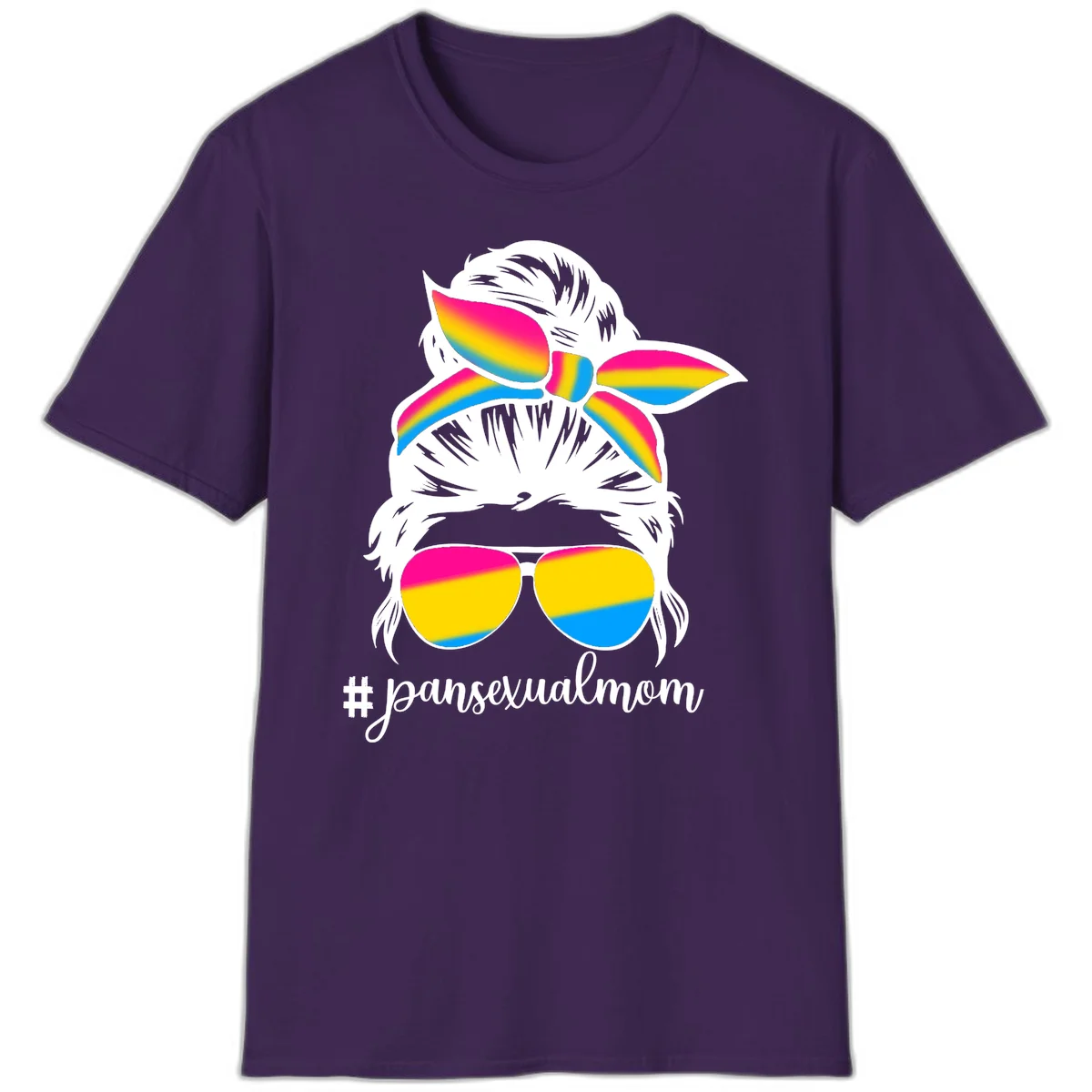 Illustrated pansexual mom pride design featuring a bearded figure with white hair wearing rainbow sunglasses and bow with #pansexualmom hashtag in Purple