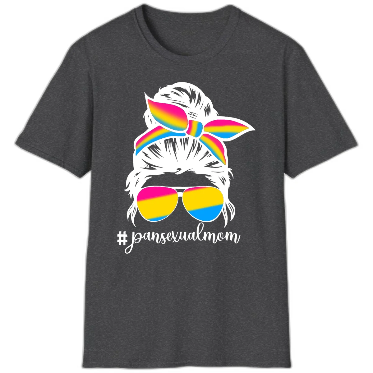 Illustrated pansexual mom pride design featuring a bearded figure with white hair wearing rainbow sunglasses and bow with #pansexualmom hashtag in Dark Heather
