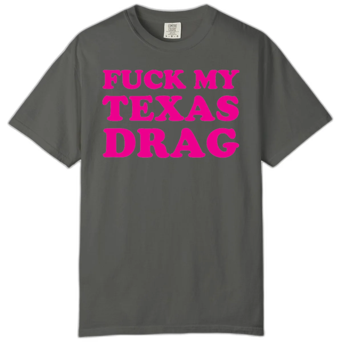 Bold magenta text reading 'Fuck My Texas Drag' in large chunky sans-serif letters on gray background in Pepper