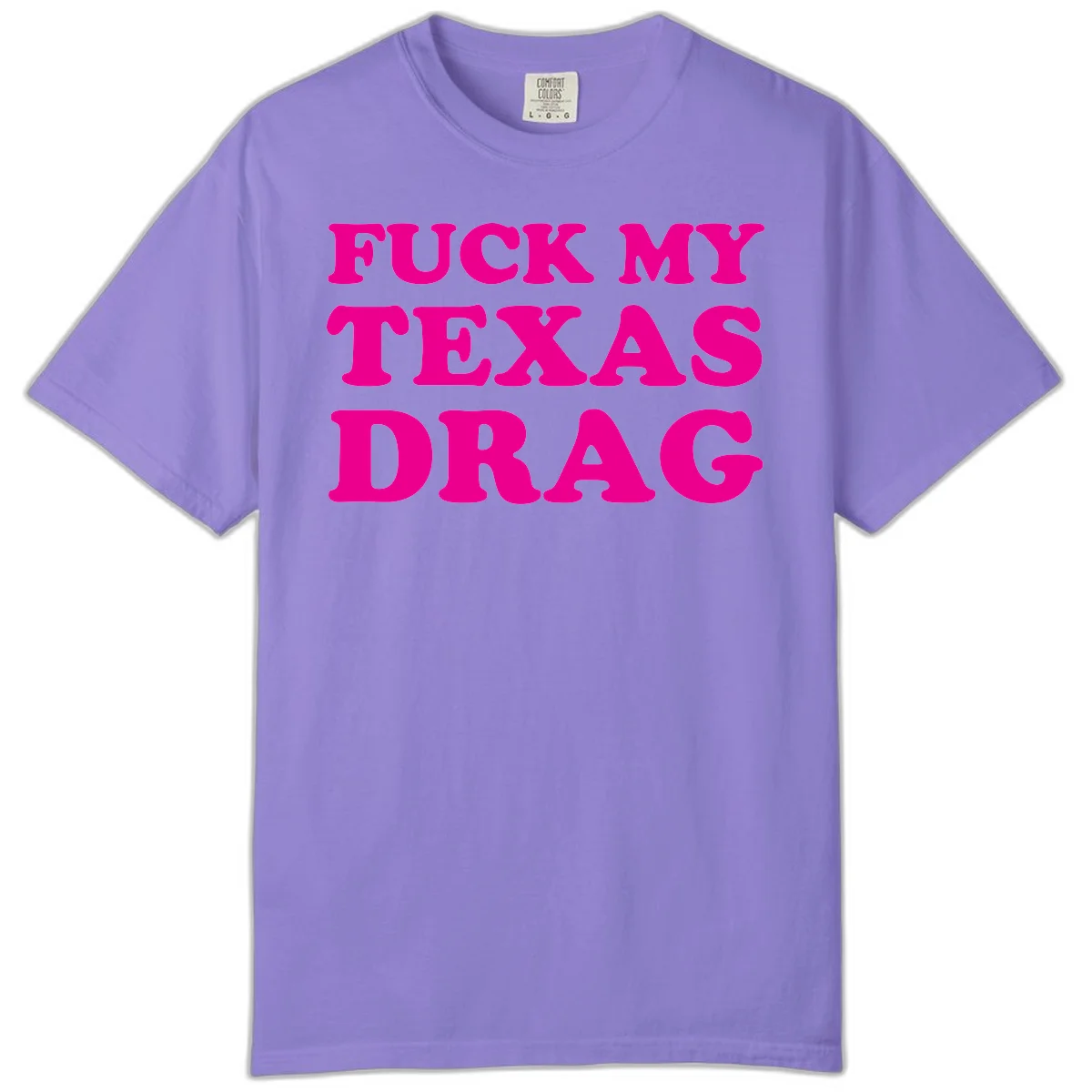 Bold magenta text reading 'Fuck My Texas Drag' in large chunky sans-serif letters on gray background in Violet