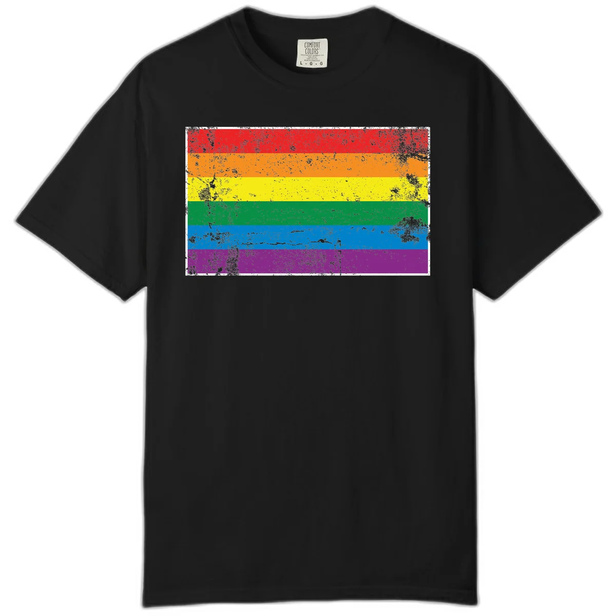 Distressed rainbow pride flag with six horizontal color stripes: red, orange, yellow, green, blue, and purple with grunge texture in Black