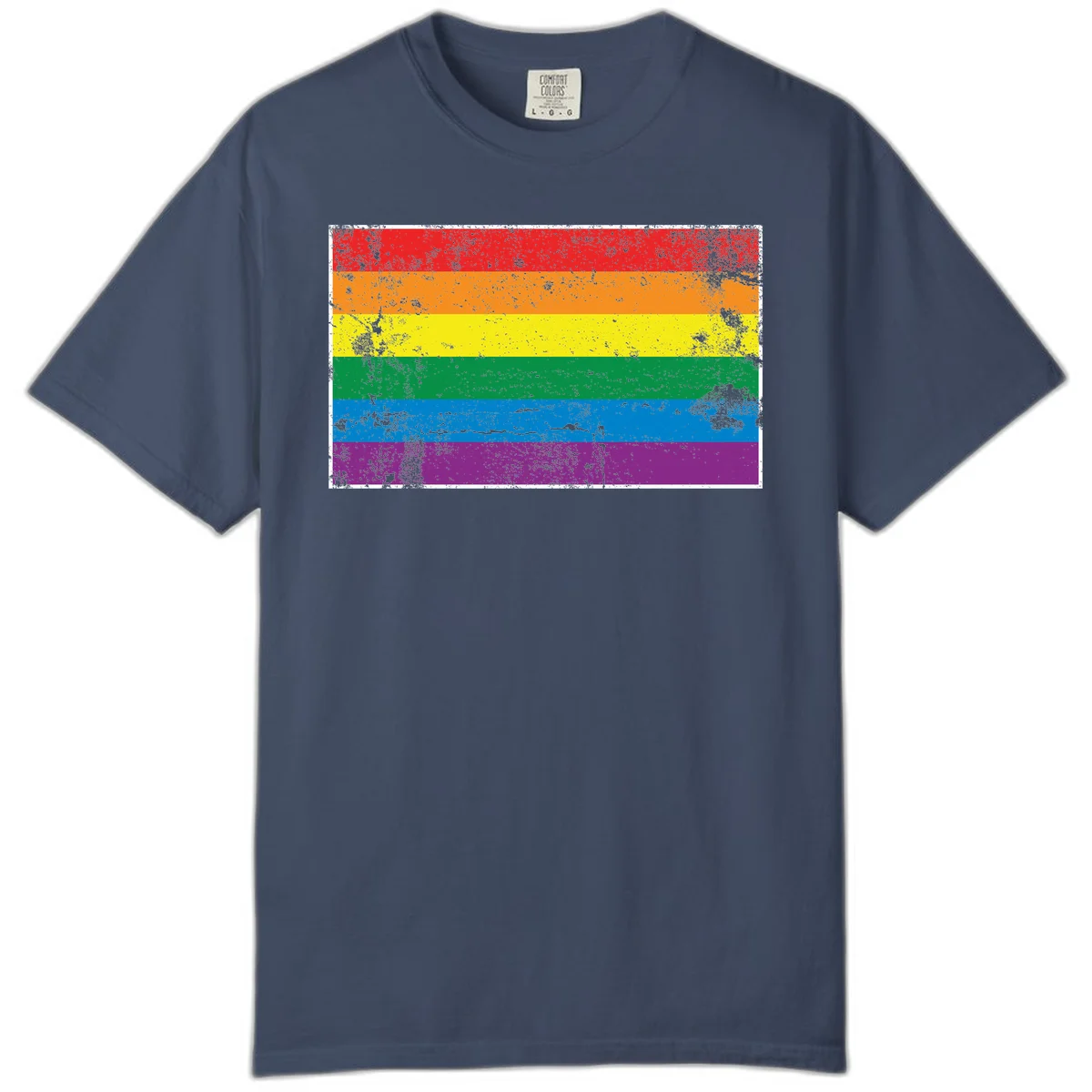 Distressed rainbow pride flag with six horizontal color stripes: red, orange, yellow, green, blue, and purple with grunge texture in Midnight