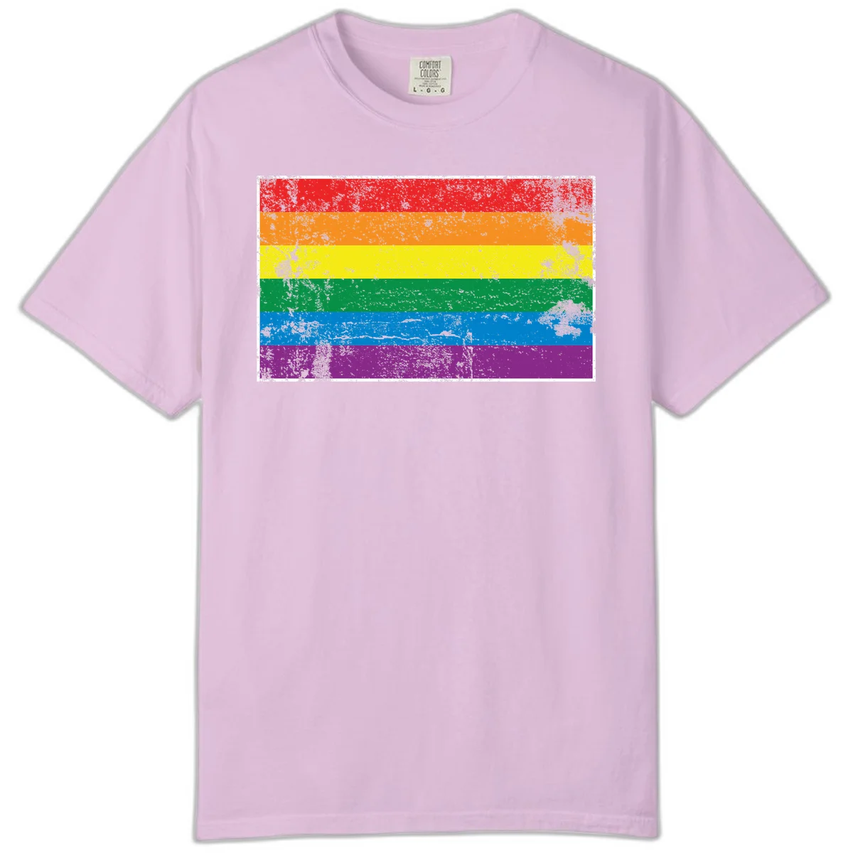 Distressed rainbow pride flag with six horizontal color stripes: red, orange, yellow, green, blue, and purple with grunge texture in Orchid