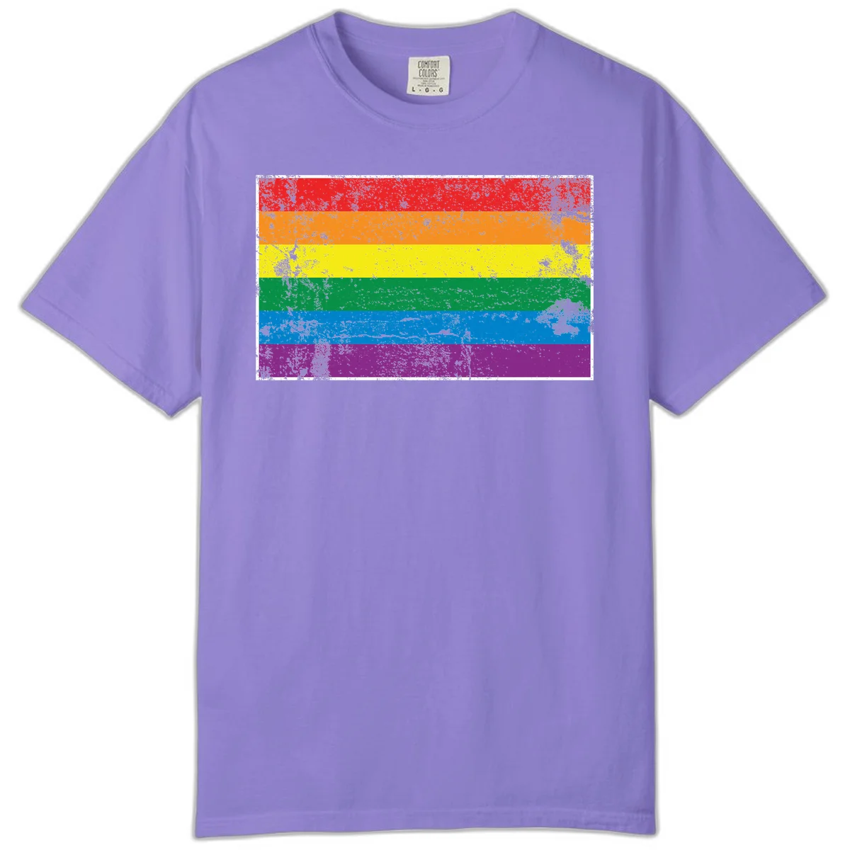 Distressed rainbow pride flag with six horizontal color stripes: red, orange, yellow, green, blue, and purple with grunge texture in Violet