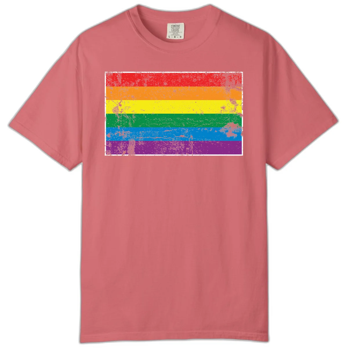 Distressed rainbow pride flag with six horizontal color stripes: red, orange, yellow, green, blue, and purple with grunge texture in Watermelon