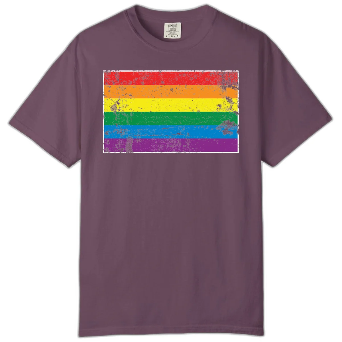 Distressed rainbow pride flag with six horizontal color stripes: red, orange, yellow, green, blue, and purple with grunge texture in Berry