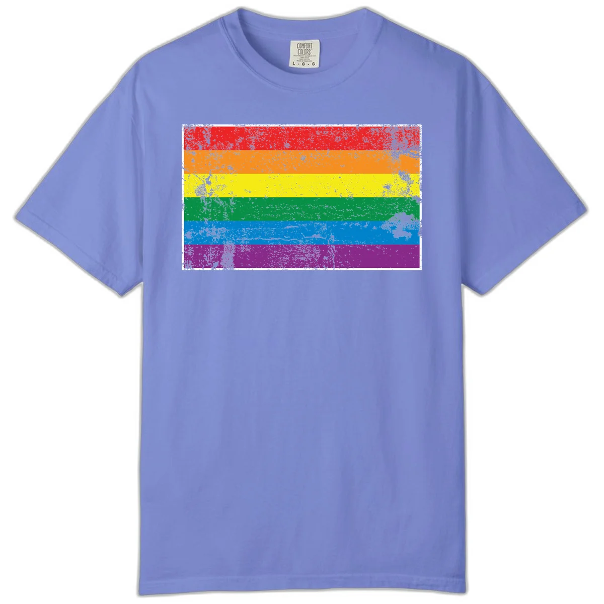 Distressed rainbow pride flag with six horizontal color stripes: red, orange, yellow, green, blue, and purple with grunge texture in Flo Blue