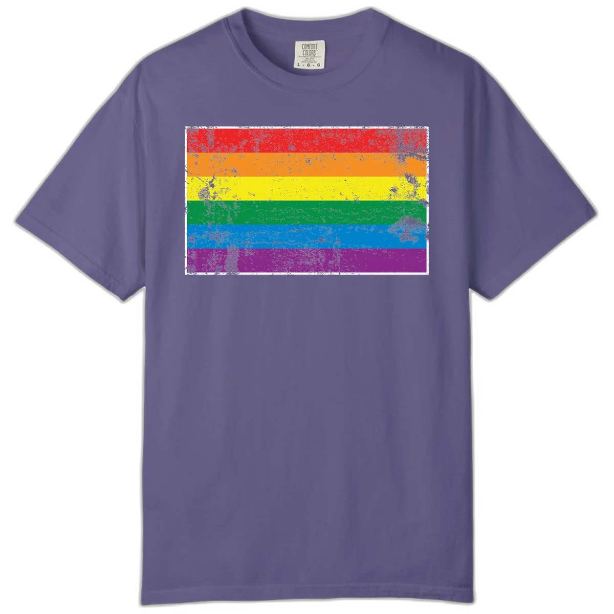 Distressed rainbow pride flag with six horizontal color stripes: red, orange, yellow, green, blue, and purple with grunge texture in Grape