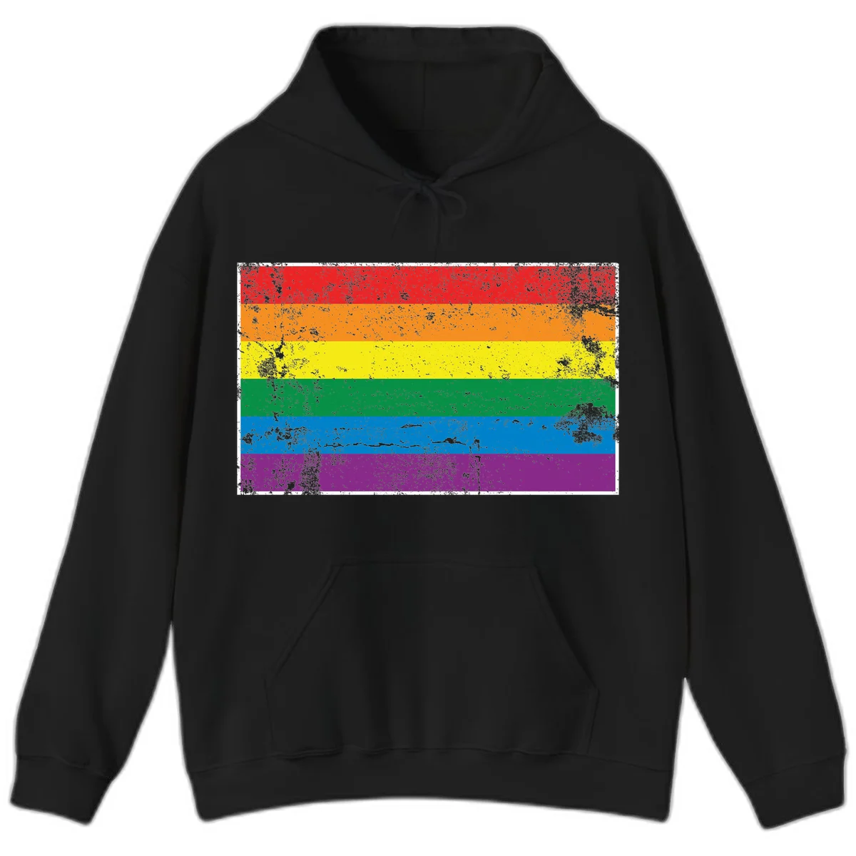 Distressed rainbow pride flag with six horizontal color stripes: red, orange, yellow, green, blue, and purple with grunge texture in Black