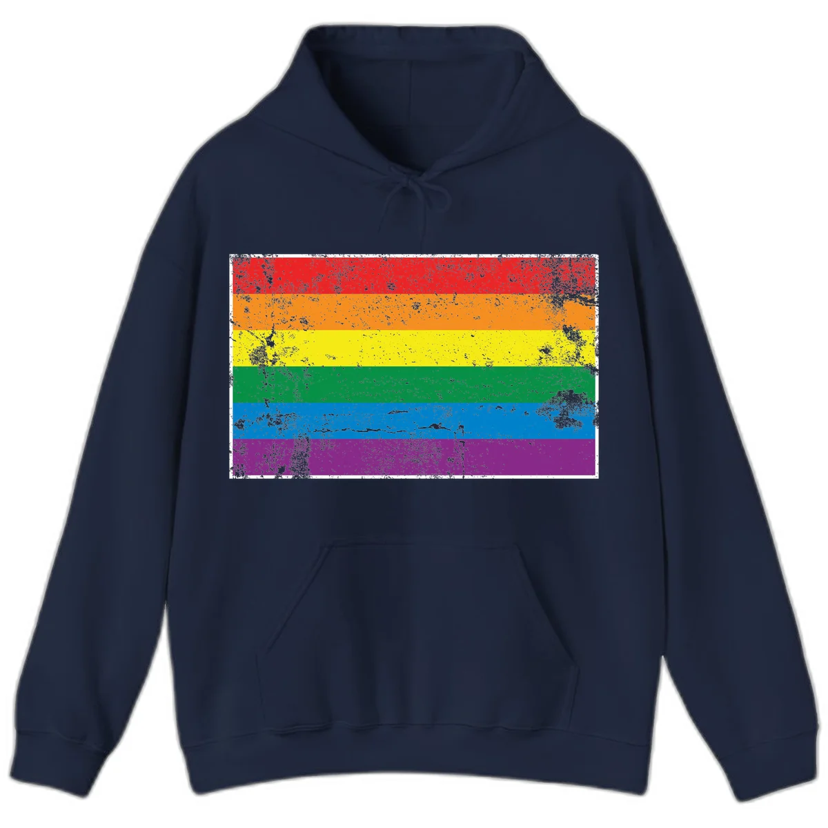 Distressed rainbow pride flag with six horizontal color stripes: red, orange, yellow, green, blue, and purple with grunge texture in Navy