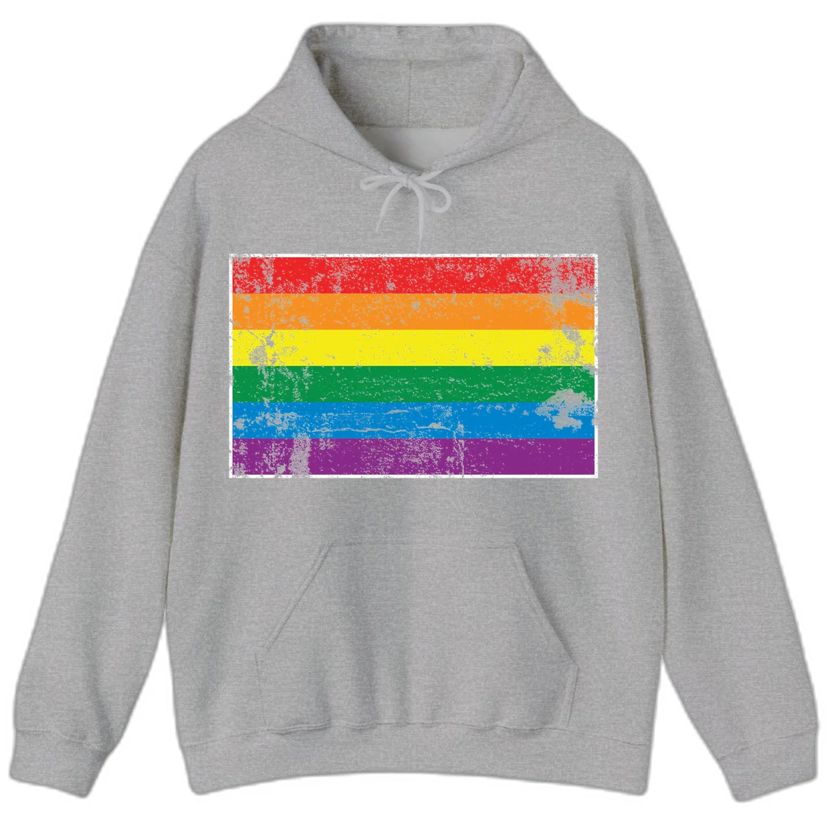 Distressed rainbow pride flag with six horizontal color stripes: red, orange, yellow, green, blue, and purple with grunge texture in Sport Grey