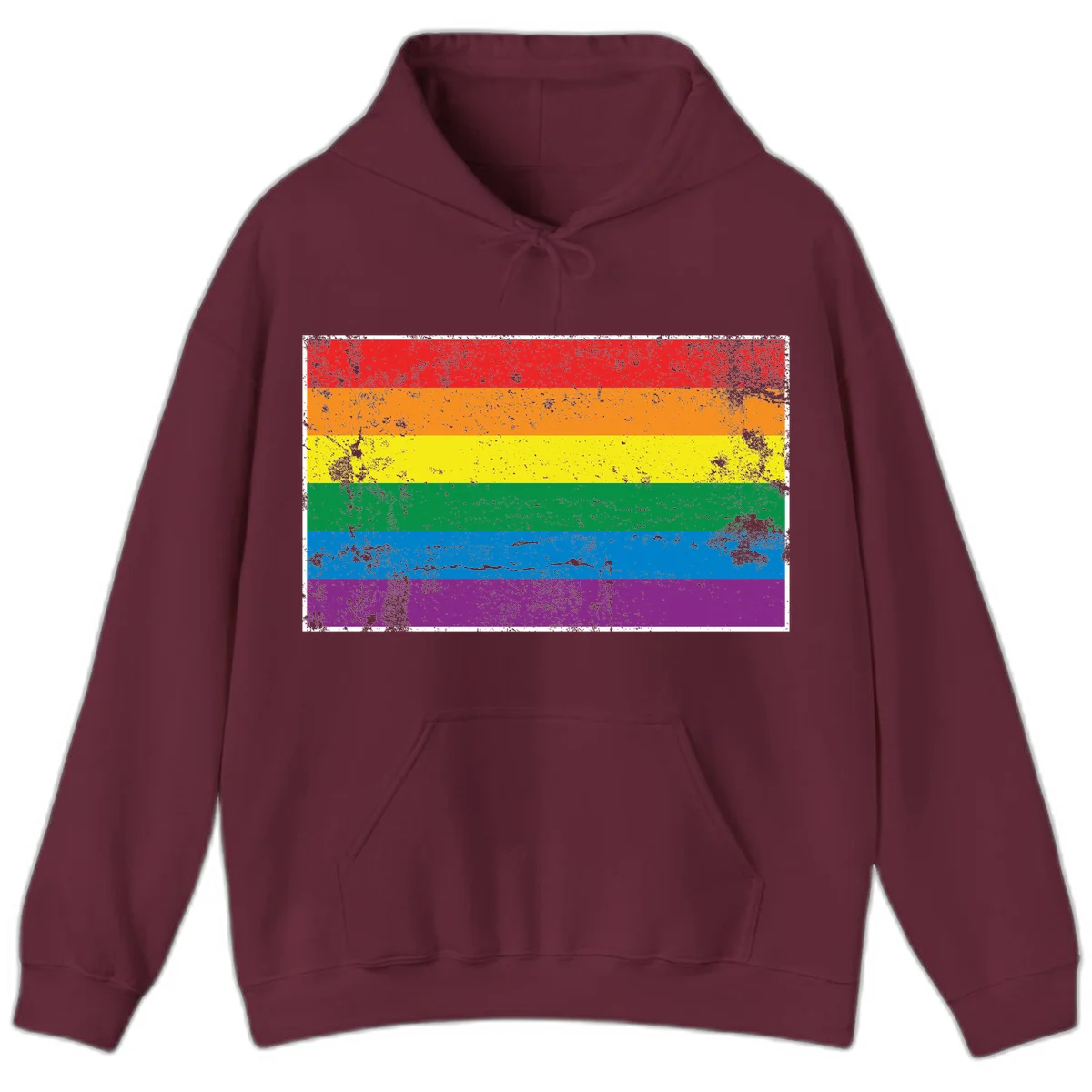 Distressed rainbow pride flag with six horizontal color stripes: red, orange, yellow, green, blue, and purple with grunge texture in Maroon