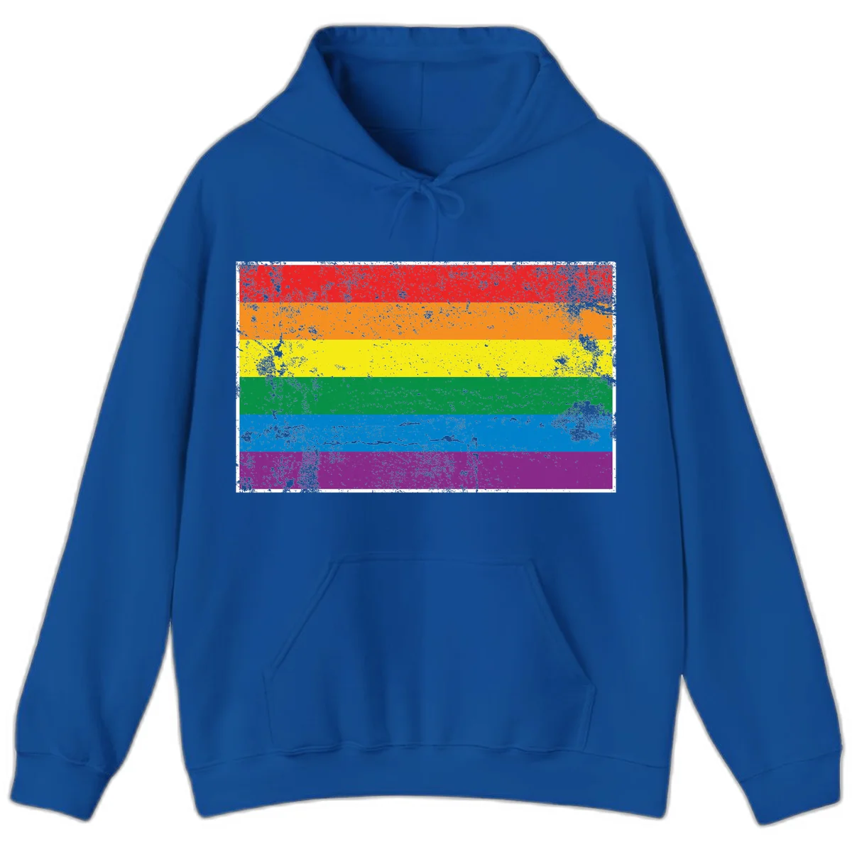 Distressed rainbow pride flag with six horizontal color stripes: red, orange, yellow, green, blue, and purple with grunge texture in Royal