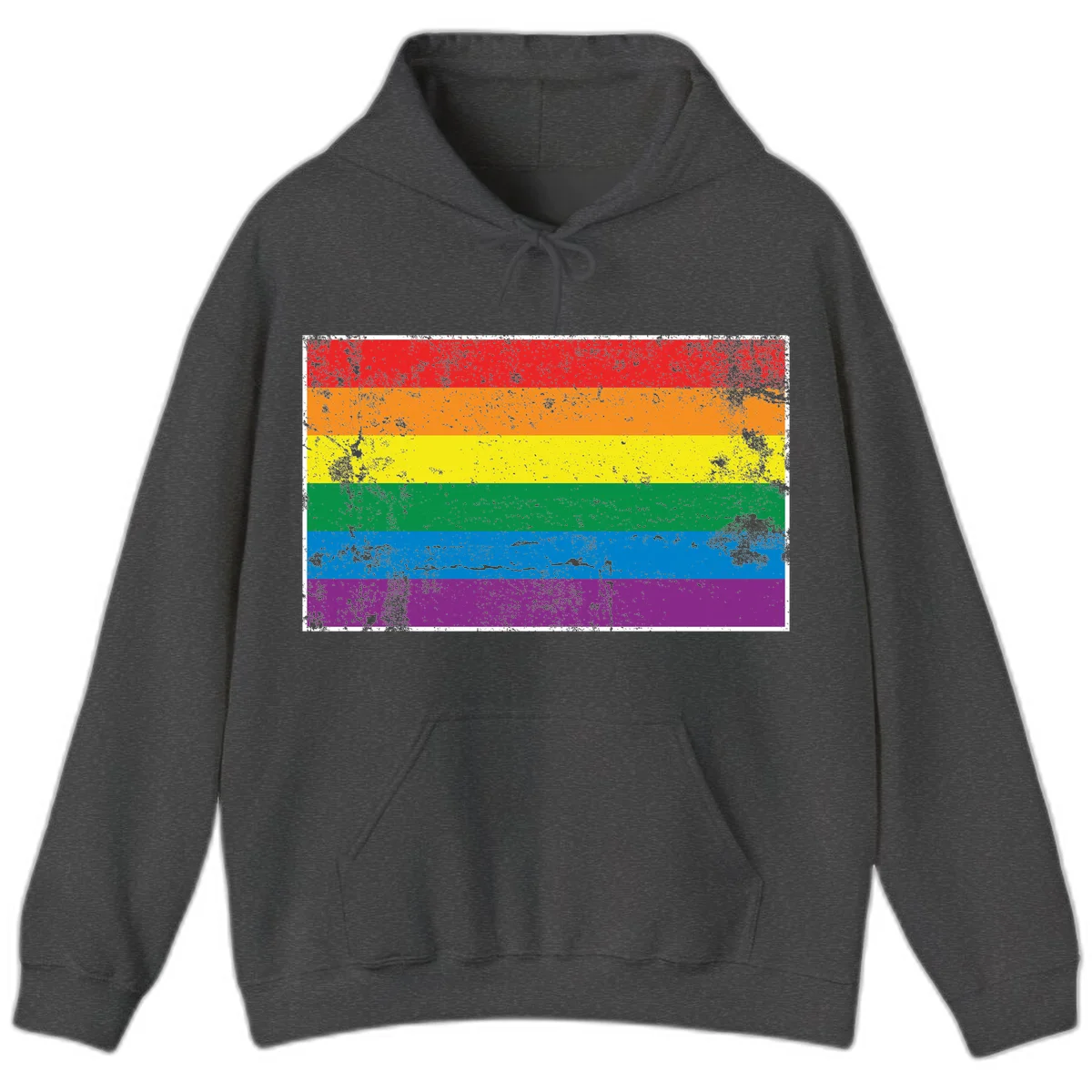 Distressed rainbow pride flag with six horizontal color stripes: red, orange, yellow, green, blue, and purple with grunge texture in Dark Heather