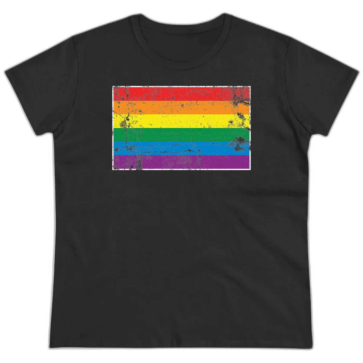 Distressed rainbow pride flag with six horizontal color stripes: red, orange, yellow, green, blue, and purple with grunge texture in Black