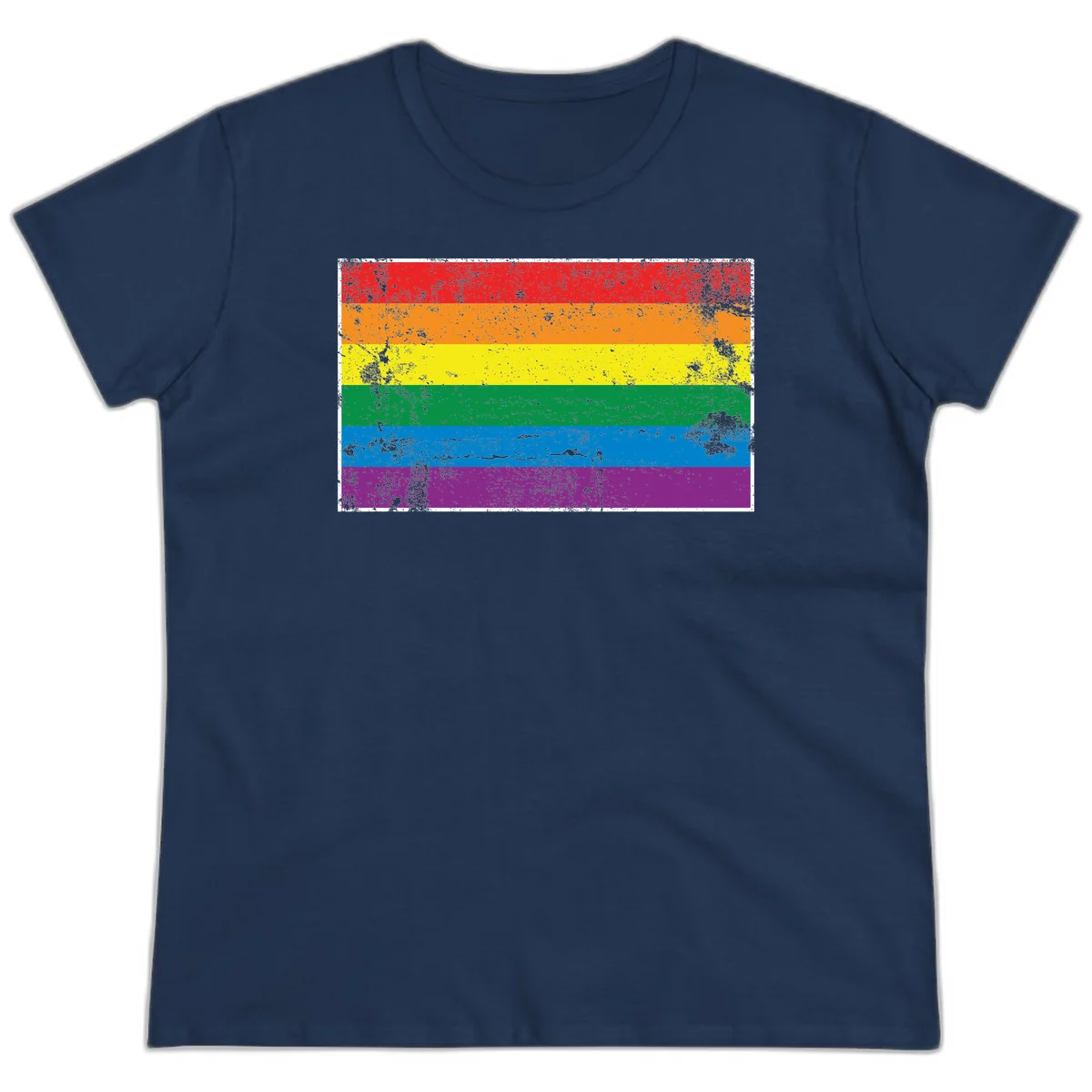 Distressed rainbow pride flag with six horizontal color stripes: red, orange, yellow, green, blue, and purple with grunge texture in Navy