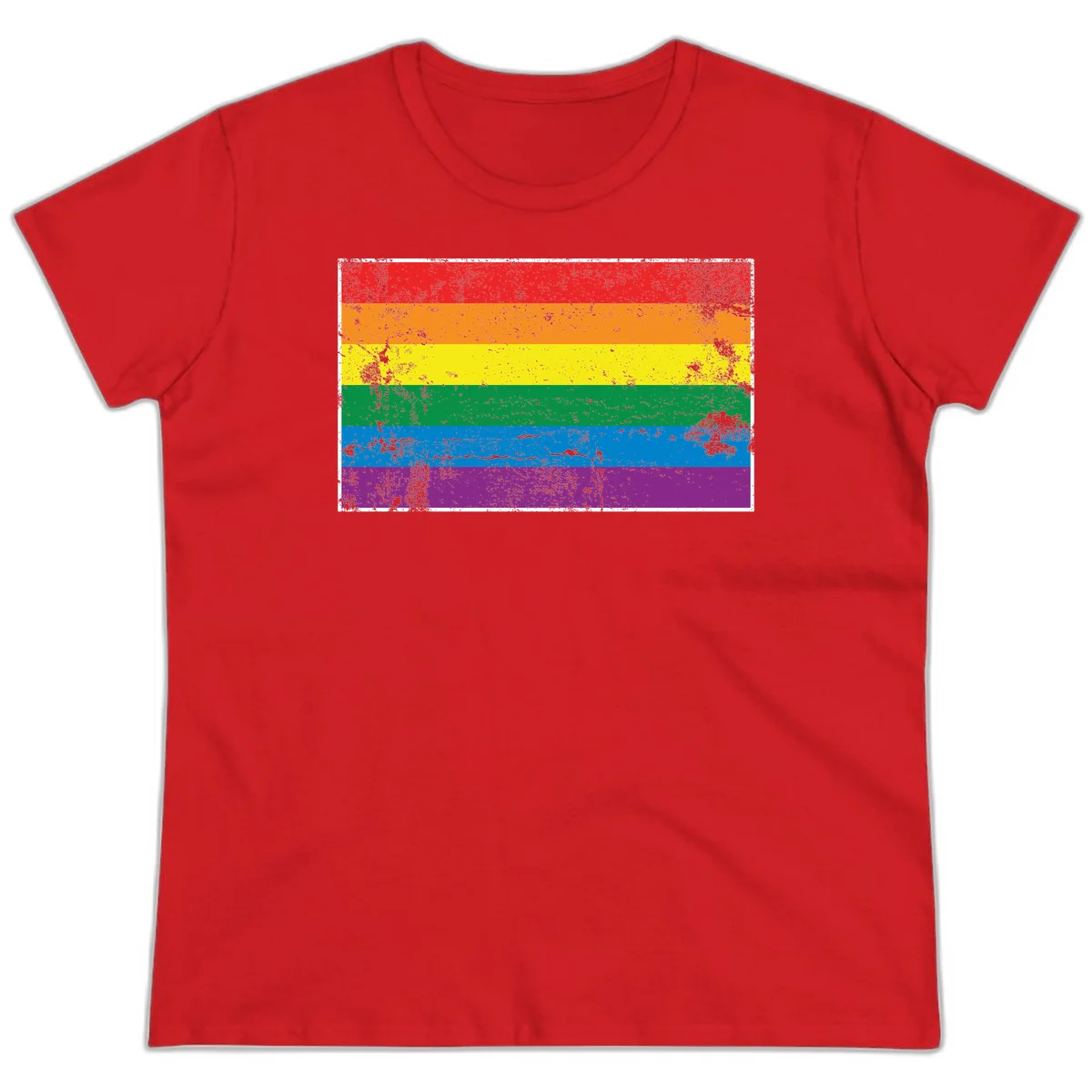 Distressed rainbow pride flag with six horizontal color stripes: red, orange, yellow, green, blue, and purple with grunge texture in Red