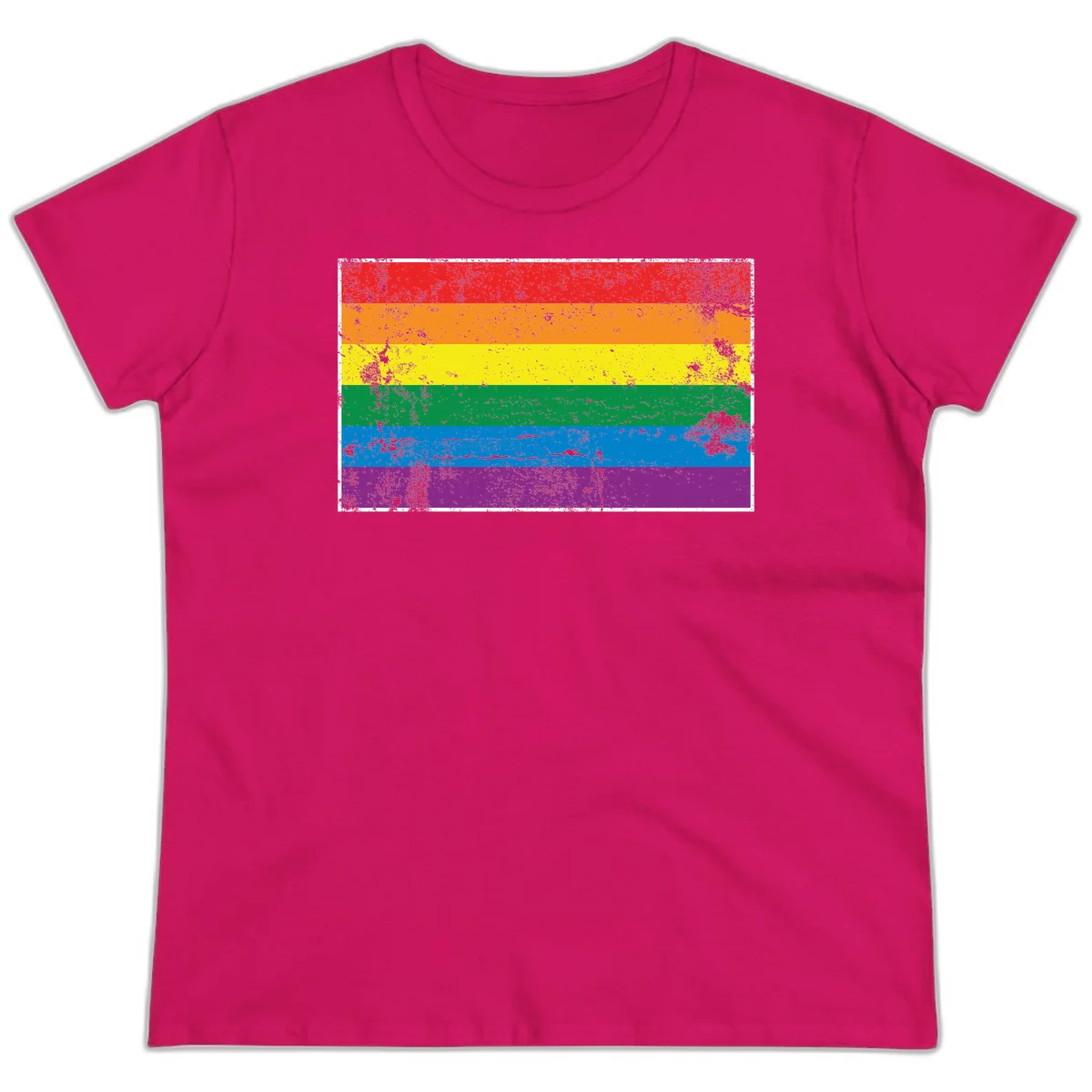 Distressed rainbow pride flag with six horizontal color stripes: red, orange, yellow, green, blue, and purple with grunge texture in Heliconia