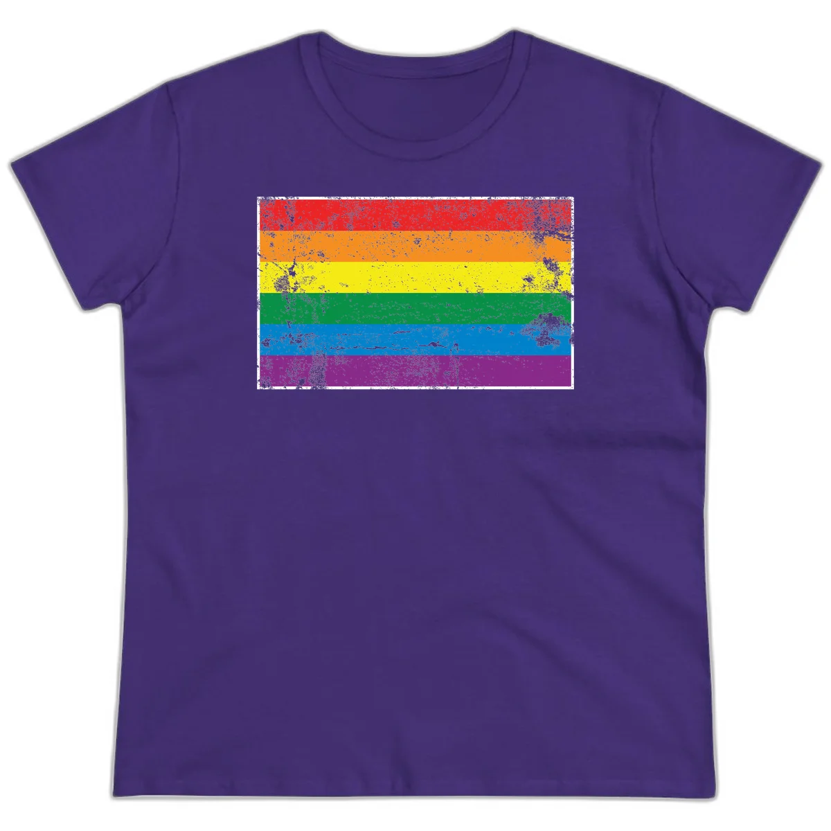Distressed rainbow pride flag with six horizontal color stripes: red, orange, yellow, green, blue, and purple with grunge texture in Purple