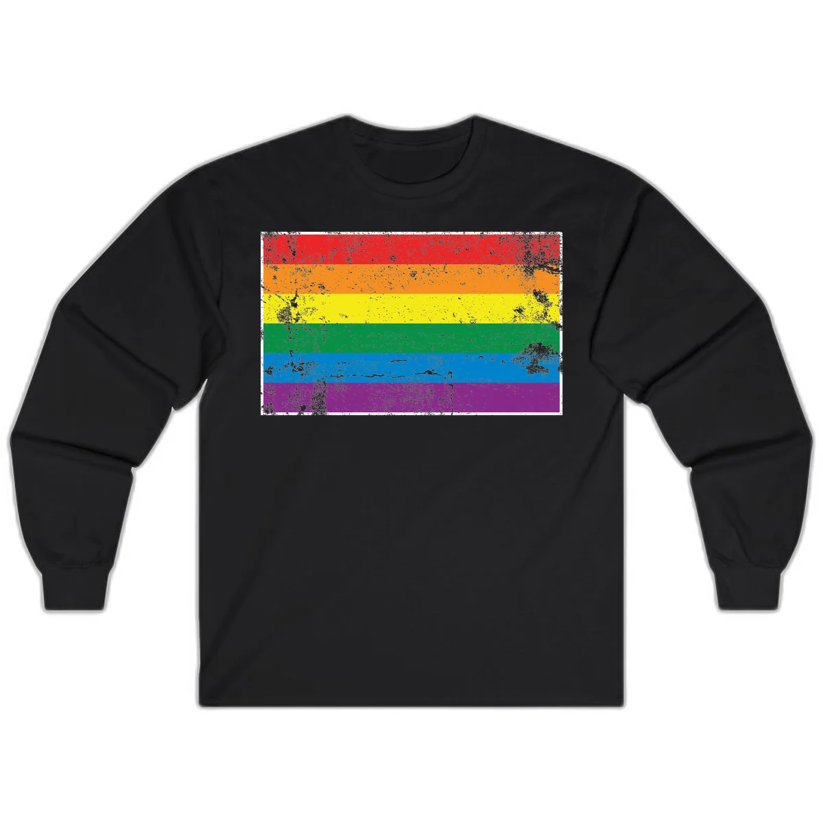 Distressed rainbow pride flag with six horizontal color stripes: red, orange, yellow, green, blue, and purple with grunge texture in Black