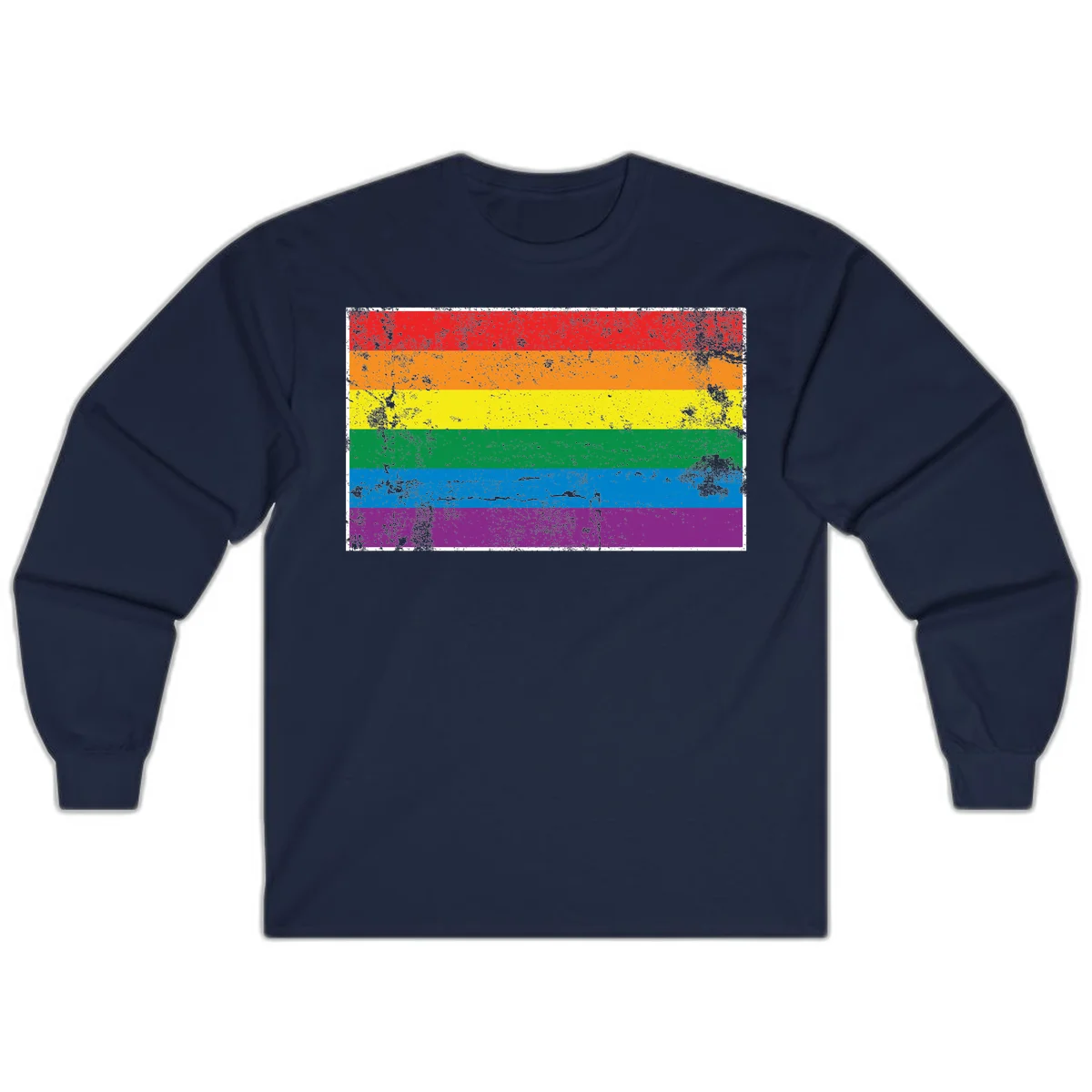 Distressed rainbow pride flag with six horizontal color stripes: red, orange, yellow, green, blue, and purple with grunge texture in Navy