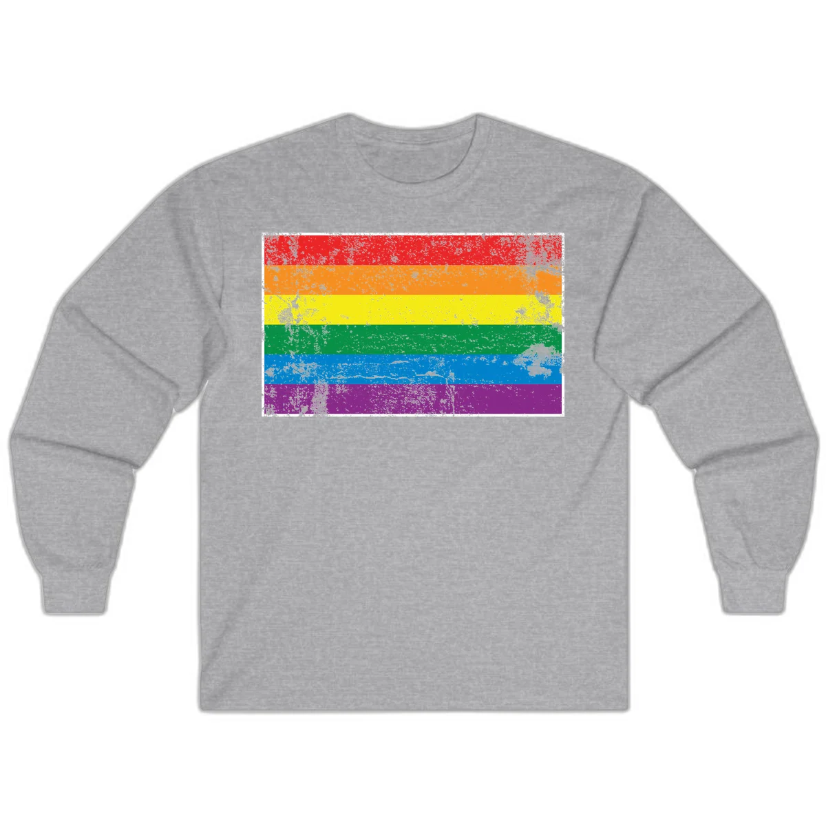 Distressed rainbow pride flag with six horizontal color stripes: red, orange, yellow, green, blue, and purple with grunge texture in Sport Grey