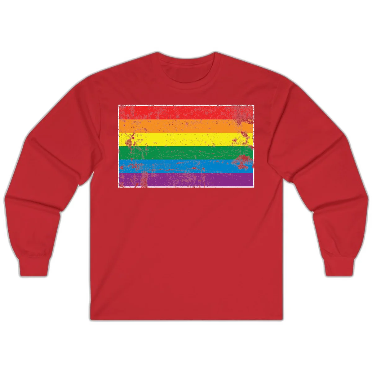 Distressed rainbow pride flag with six horizontal color stripes: red, orange, yellow, green, blue, and purple with grunge texture in Red