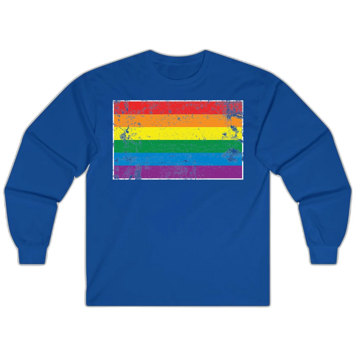 Distressed rainbow pride flag with six horizontal color stripes: red, orange, yellow, green, blue, and purple with grunge texture in Royal