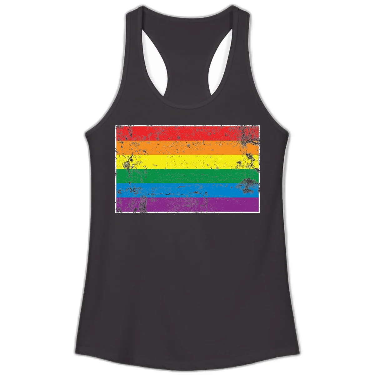 Distressed rainbow pride flag with six horizontal color stripes: red, orange, yellow, green, blue, and purple with grunge texture in Black