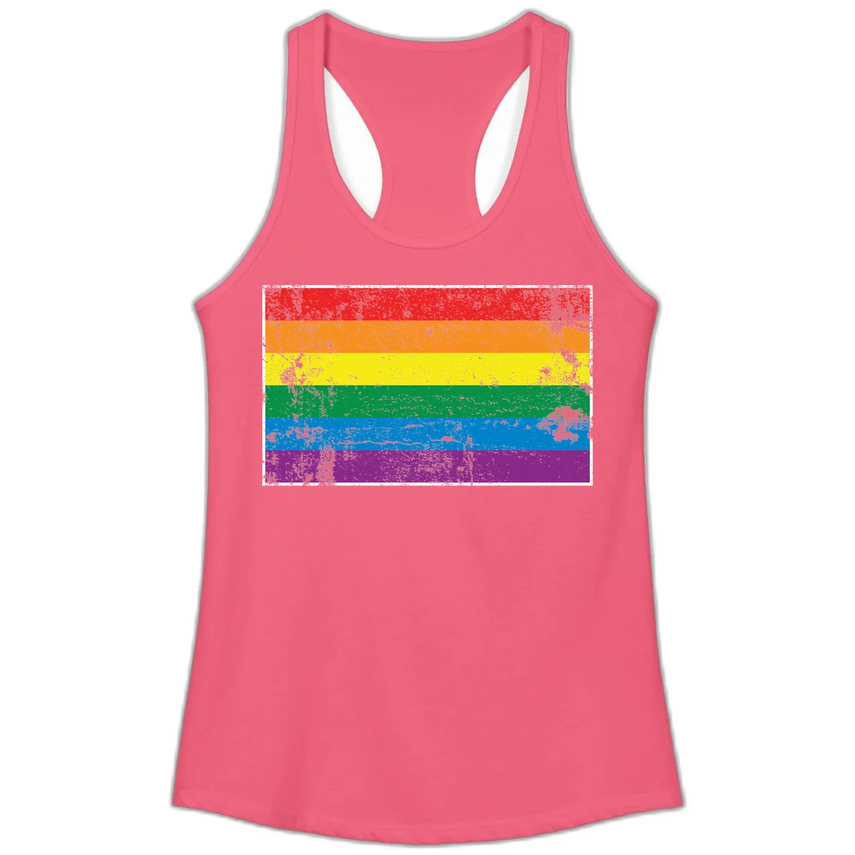 Distressed rainbow pride flag with six horizontal color stripes: red, orange, yellow, green, blue, and purple with grunge texture in Hot Pink