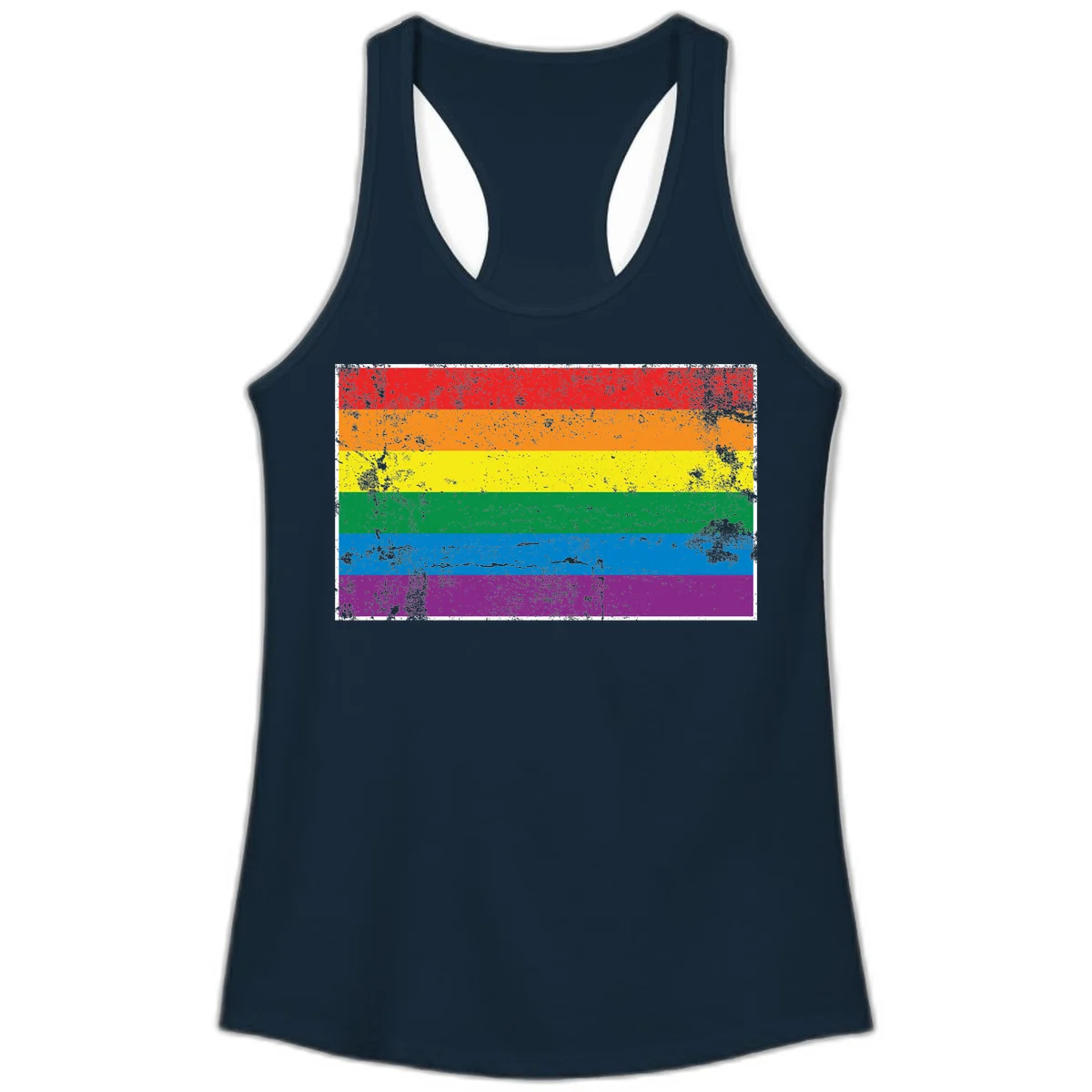 Distressed rainbow pride flag with six horizontal color stripes: red, orange, yellow, green, blue, and purple with grunge texture in Solid Midnight Navy
