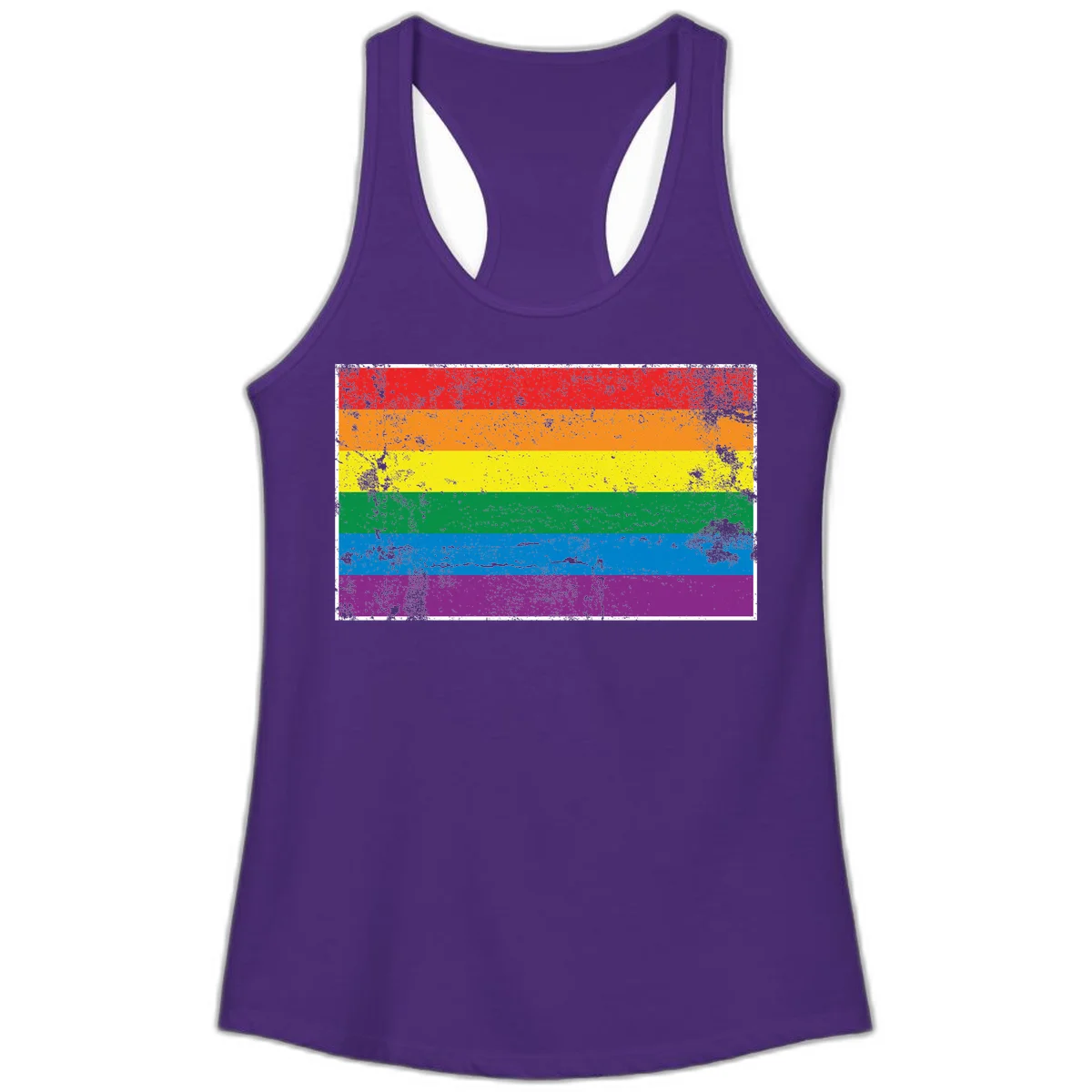 Distressed rainbow pride flag with six horizontal color stripes: red, orange, yellow, green, blue, and purple with grunge texture in Solid Purple Rush