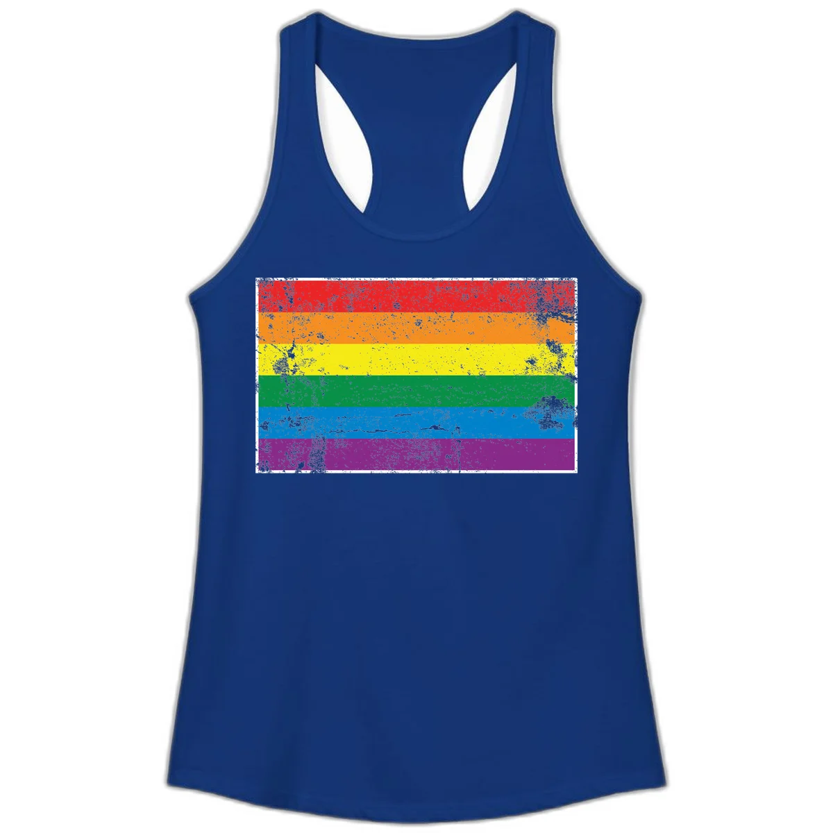 Distressed rainbow pride flag with six horizontal color stripes: red, orange, yellow, green, blue, and purple with grunge texture in Solid Royal