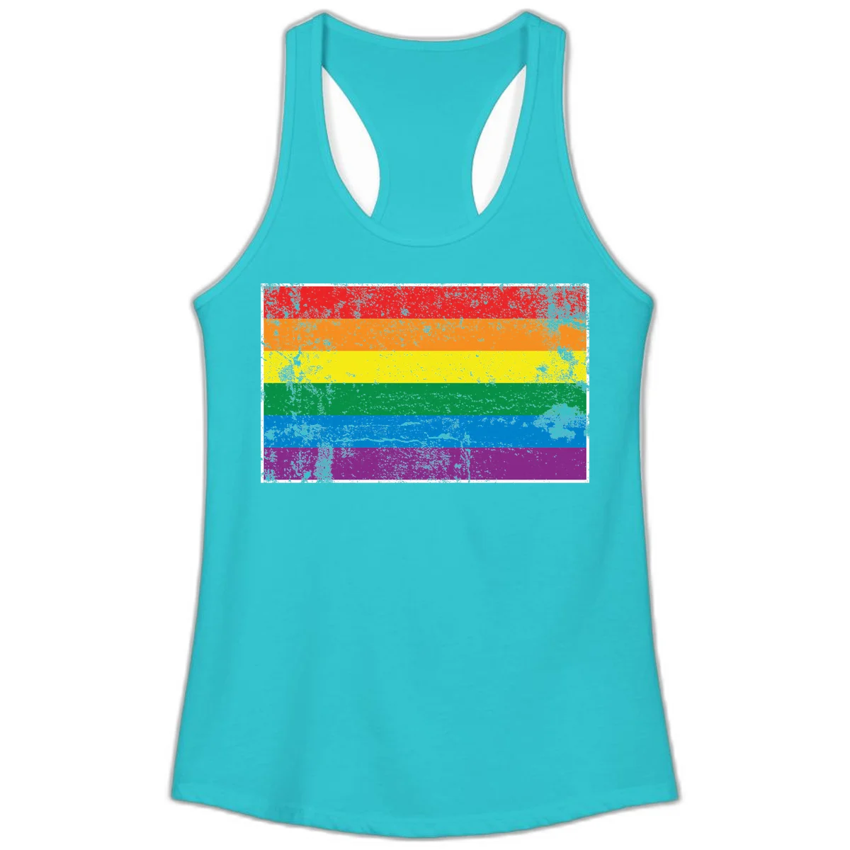 Distressed rainbow pride flag with six horizontal color stripes: red, orange, yellow, green, blue, and purple with grunge texture in Solid Tahiti Blue