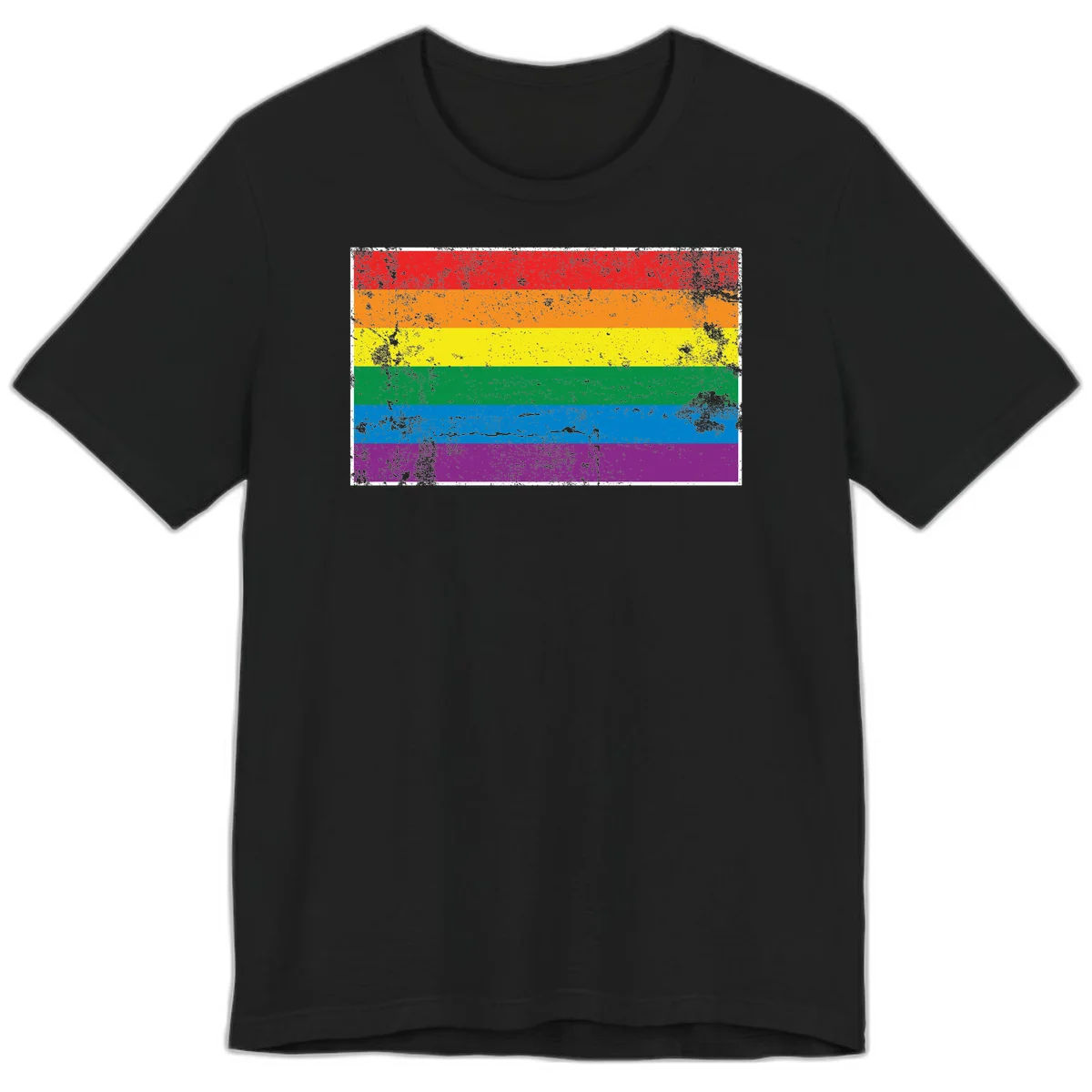 Distressed rainbow pride flag with six horizontal color stripes: red, orange, yellow, green, blue, and purple with grunge texture in Black