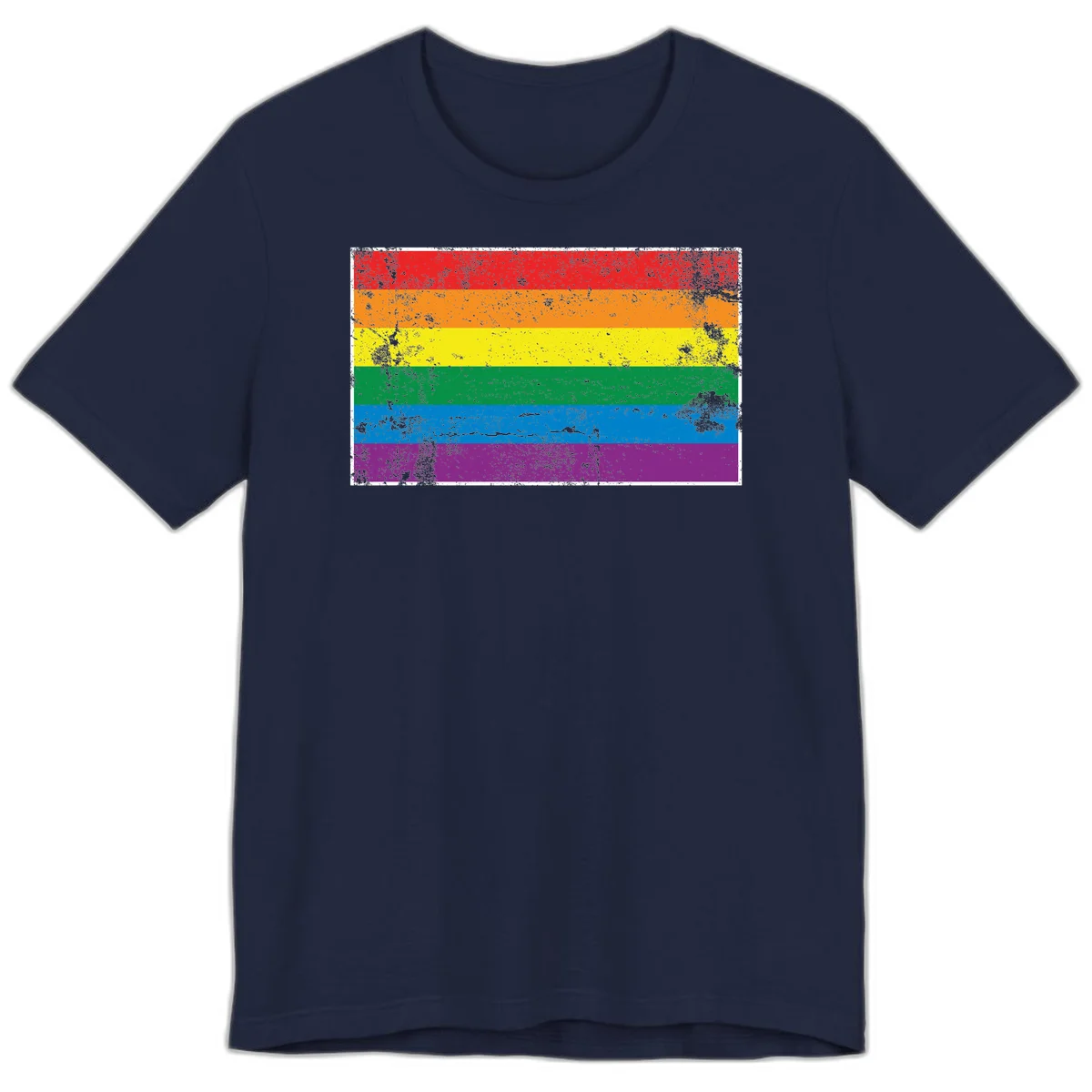 Distressed rainbow pride flag with six horizontal color stripes: red, orange, yellow, green, blue, and purple with grunge texture in Navy