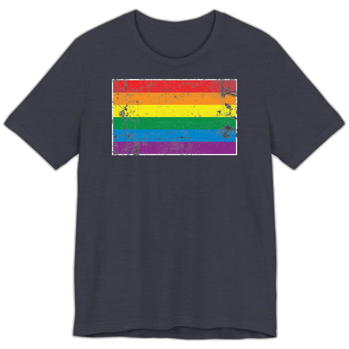 Distressed rainbow pride flag with six horizontal color stripes: red, orange, yellow, green, blue, and purple with grunge texture in Heather Midnight Navy