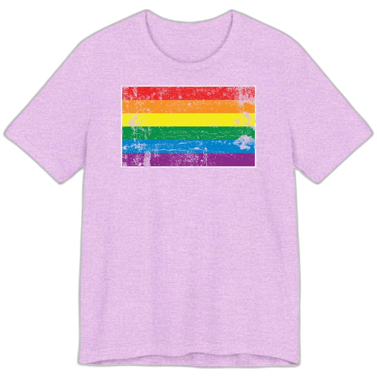 Distressed rainbow pride flag with six horizontal color stripes: red, orange, yellow, green, blue, and purple with grunge texture in Heather Prism Lilac