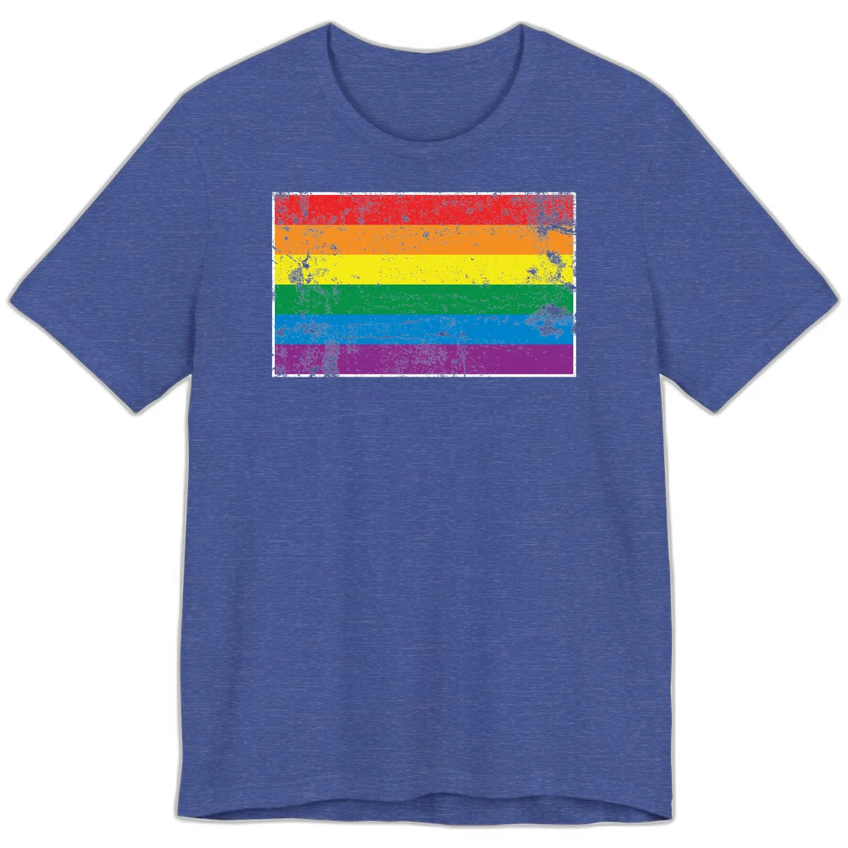 Distressed rainbow pride flag with six horizontal color stripes: red, orange, yellow, green, blue, and purple with grunge texture in Heather True Royal