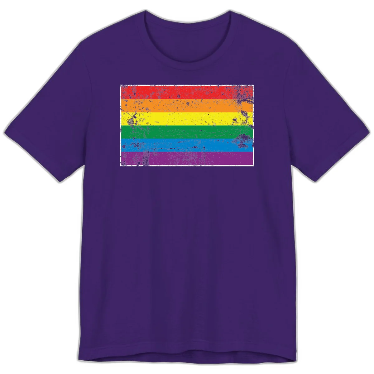 Distressed rainbow pride flag with six horizontal color stripes: red, orange, yellow, green, blue, and purple with grunge texture in Team Purple