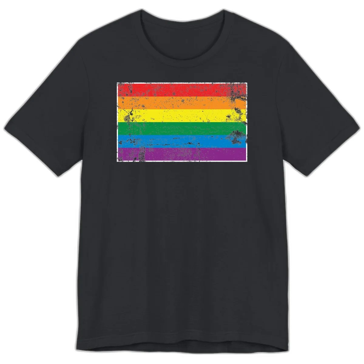 Distressed rainbow pride flag with six horizontal color stripes: red, orange, yellow, green, blue, and purple with grunge texture in Vintage Black