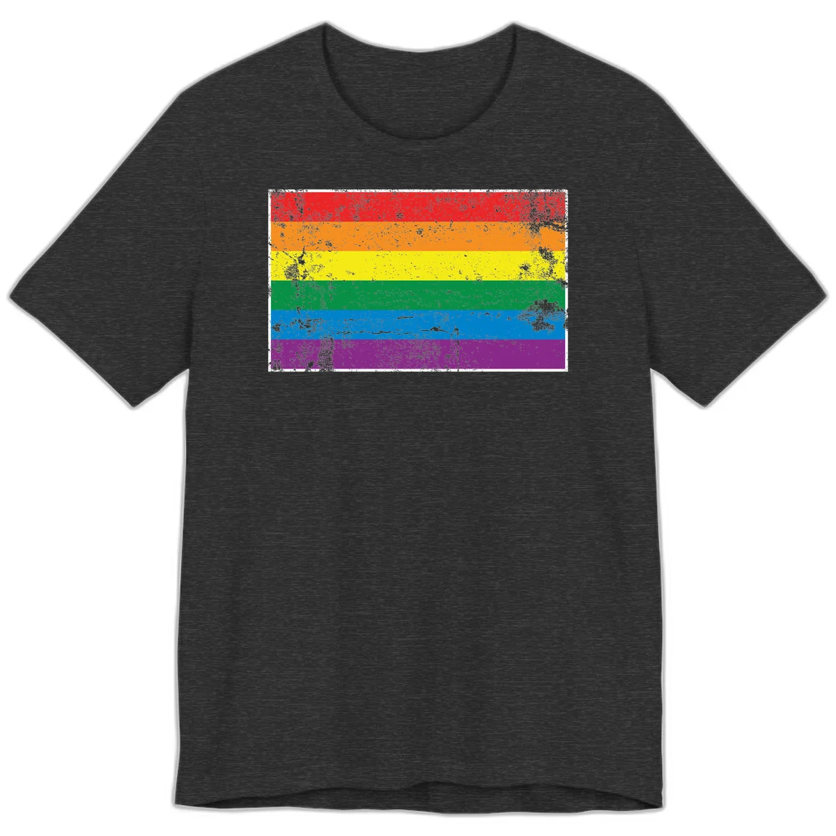 Distressed rainbow pride flag with six horizontal color stripes: red, orange, yellow, green, blue, and purple with grunge texture in Dark Grey Heather