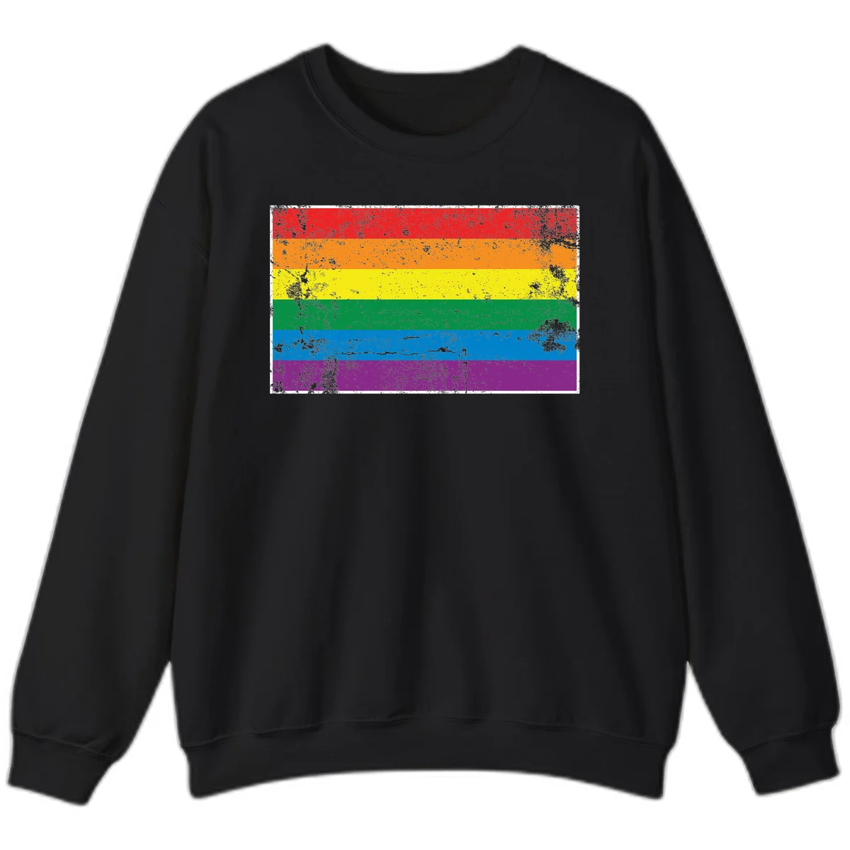 Distressed rainbow pride flag with six horizontal color stripes: red, orange, yellow, green, blue, and purple with grunge texture in Black
