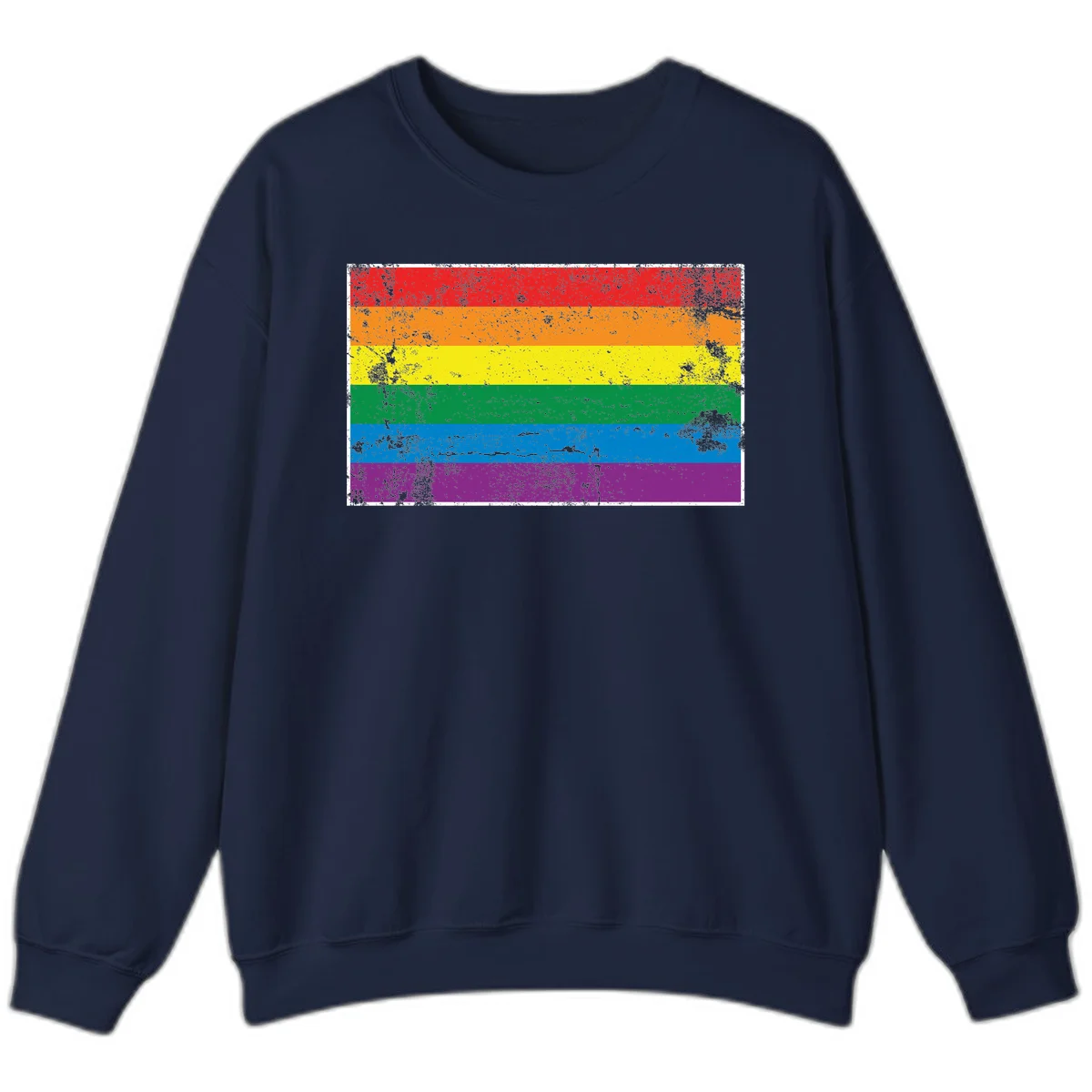 Distressed rainbow pride flag with six horizontal color stripes: red, orange, yellow, green, blue, and purple with grunge texture in Navy