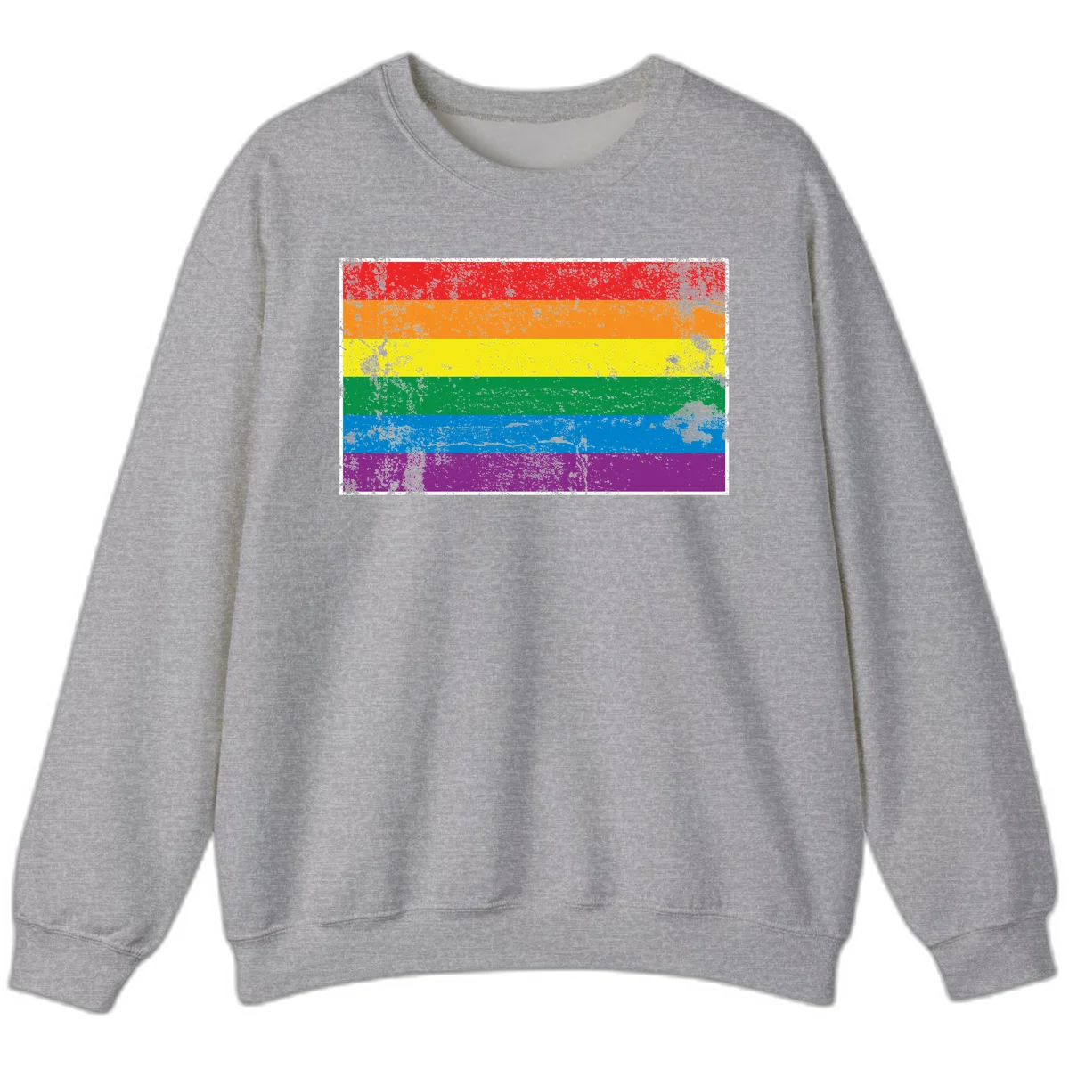 Distressed rainbow pride flag with six horizontal color stripes: red, orange, yellow, green, blue, and purple with grunge texture in Sport Grey