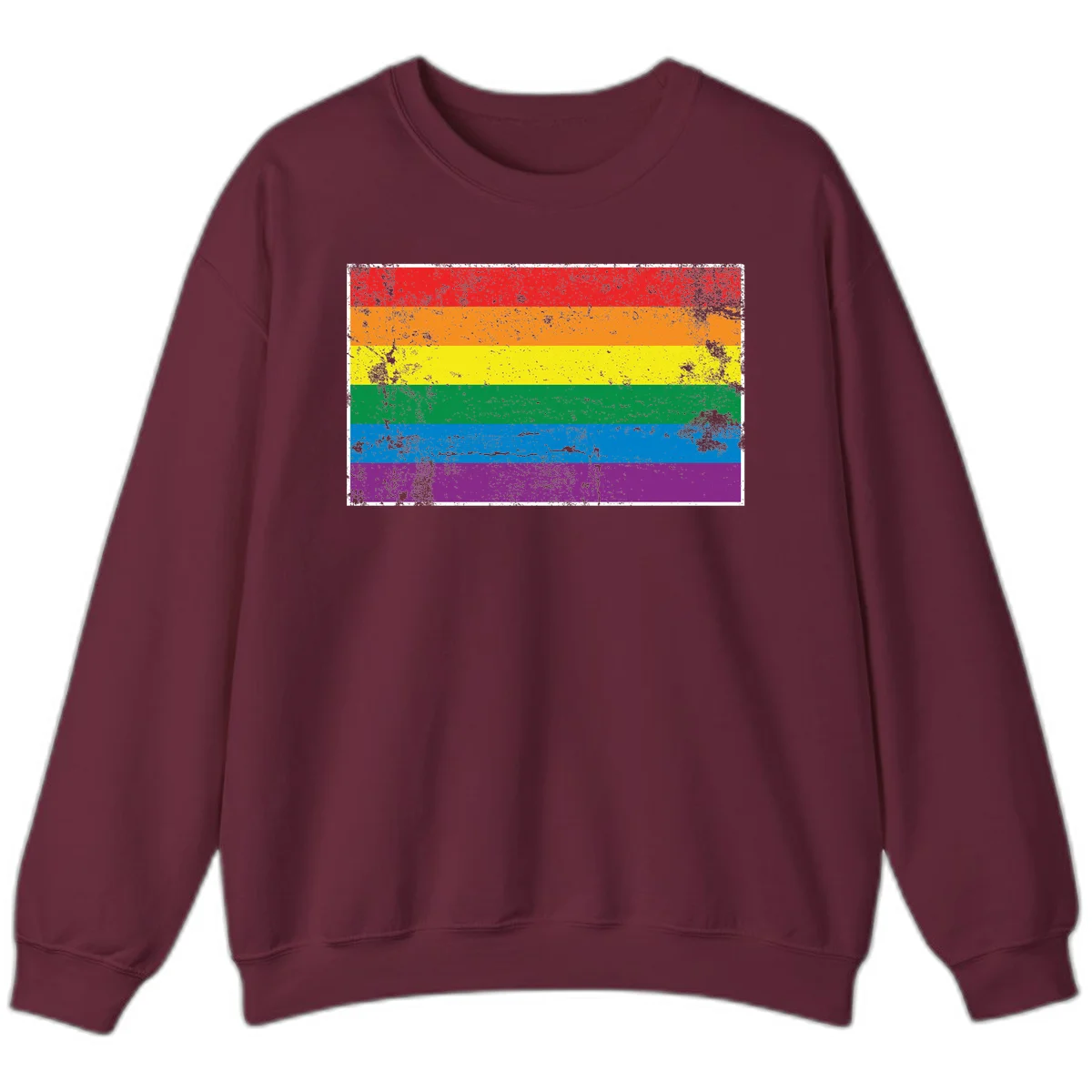 Distressed rainbow pride flag with six horizontal color stripes: red, orange, yellow, green, blue, and purple with grunge texture in Maroon